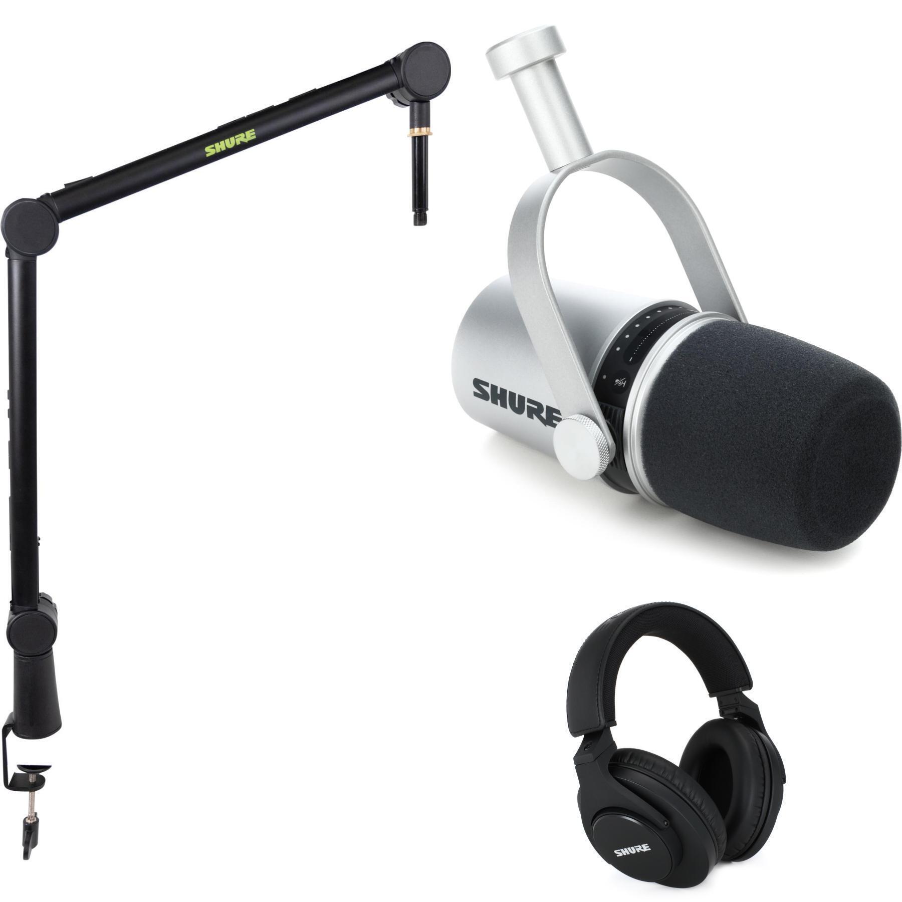 Shure Bundle, Compass Microphone Boom Arm w/ MV7-S Dynamic Microphone  (Silver) and Cable