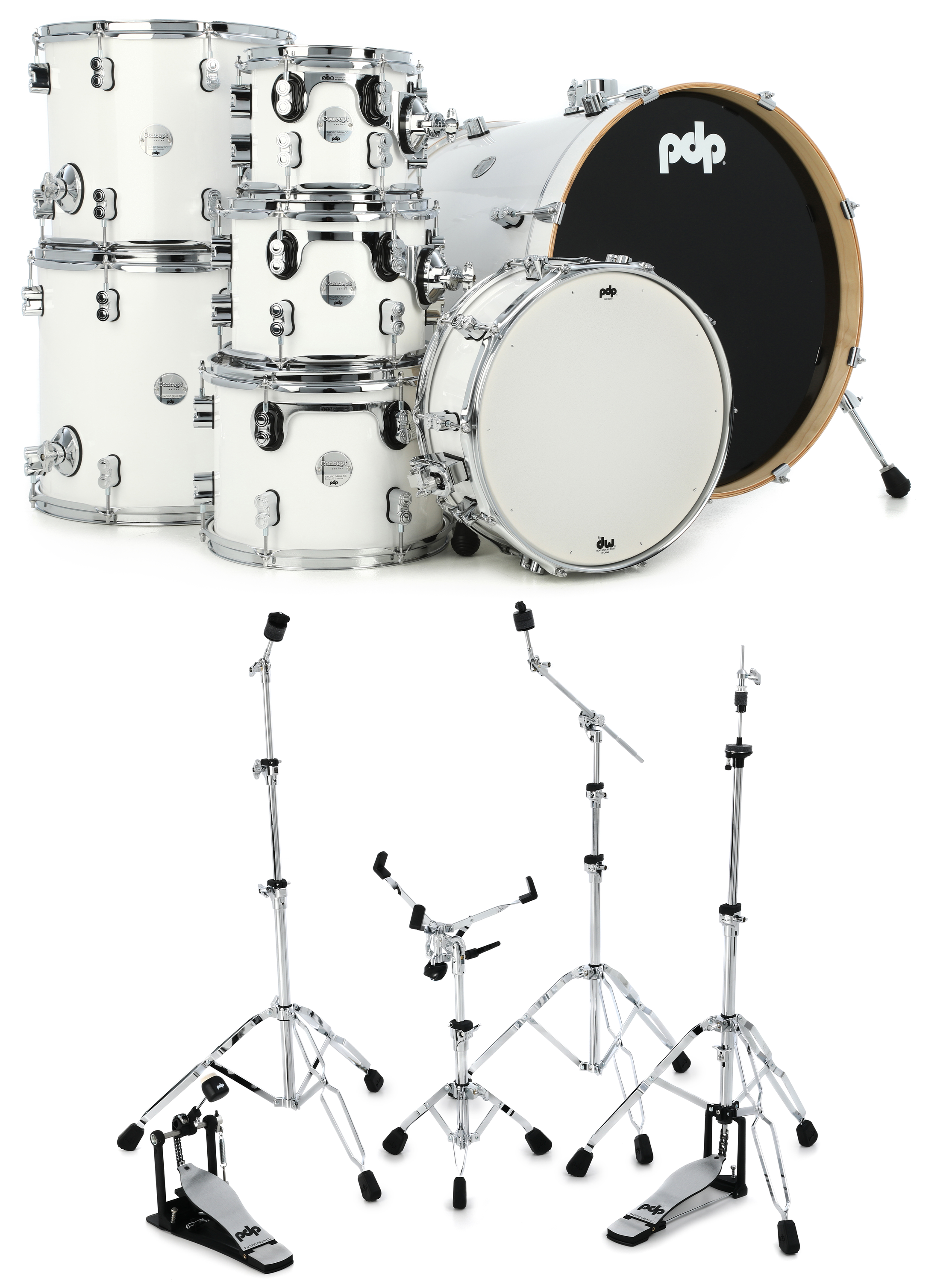 PDP Concept Maple 7-piece Shell Pack and Hardware Bundle - Pearl White