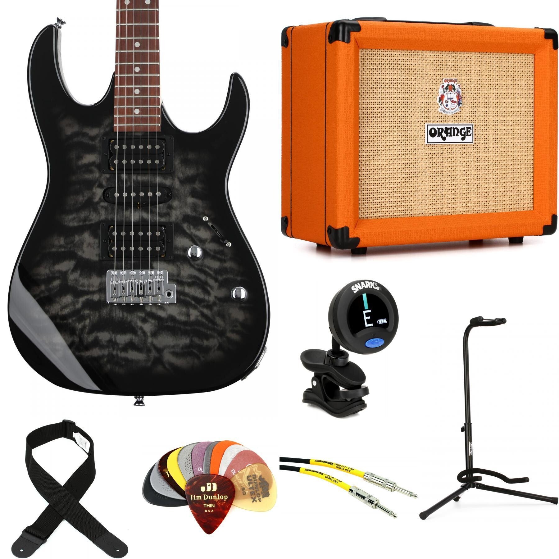 Ibanez Gio GRX70QA Electric Guitar and Orange Crush 20 Amp Essentials  Bundle - Transparent Black Burst