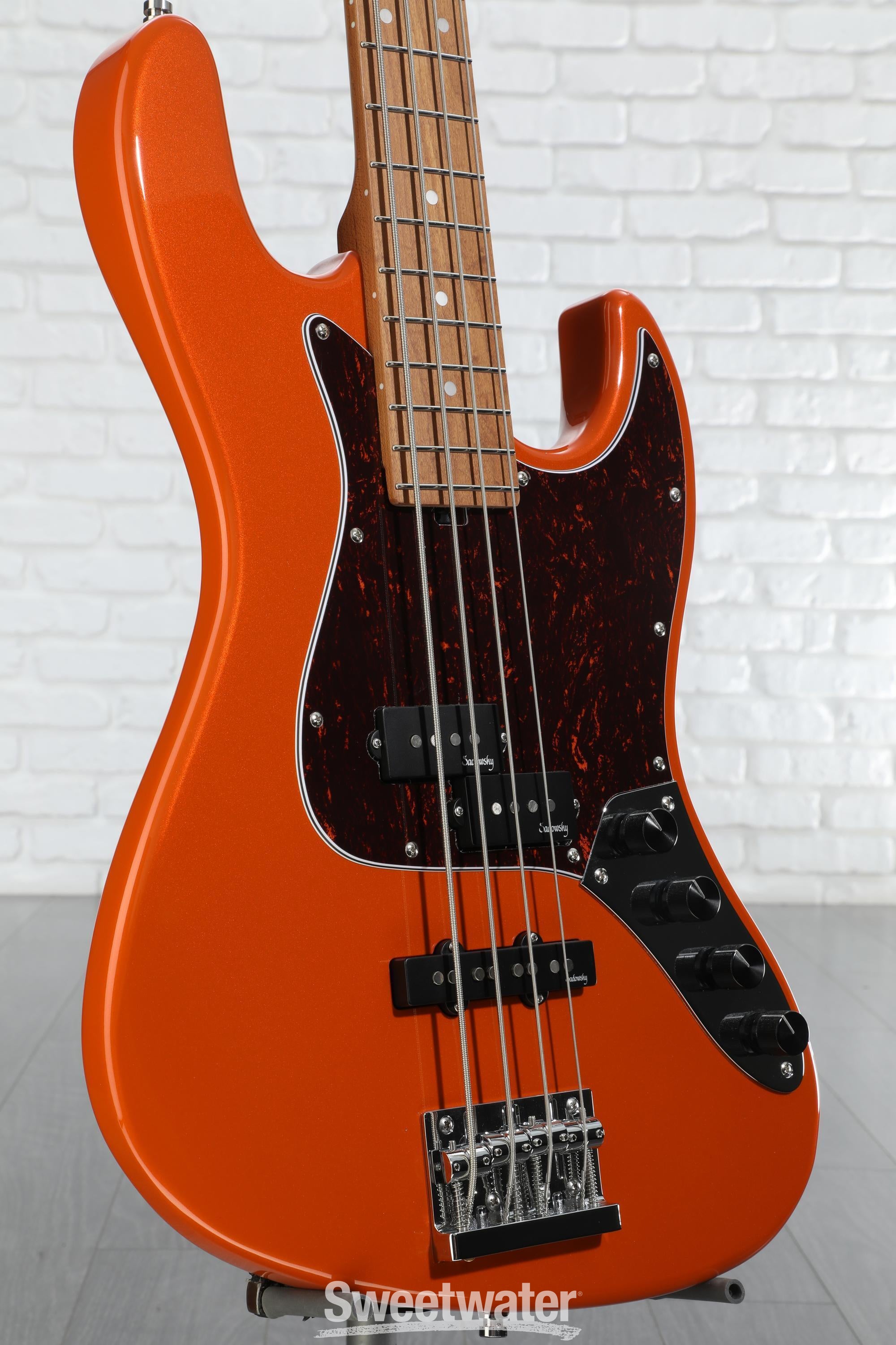Photo of Sadowsky MetroExpress Hybrid P/J Bass Guitar - Solid Candy Apple Orange Metallic, Roasted Maple Fingerboard