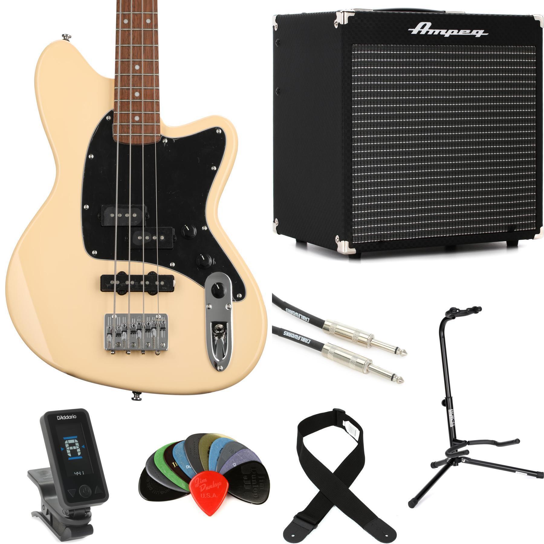 Photo of Ibanez Talman TMB30 Bass Guitar and Ampeg Rocket Amp Essentials Bundle - Ivory