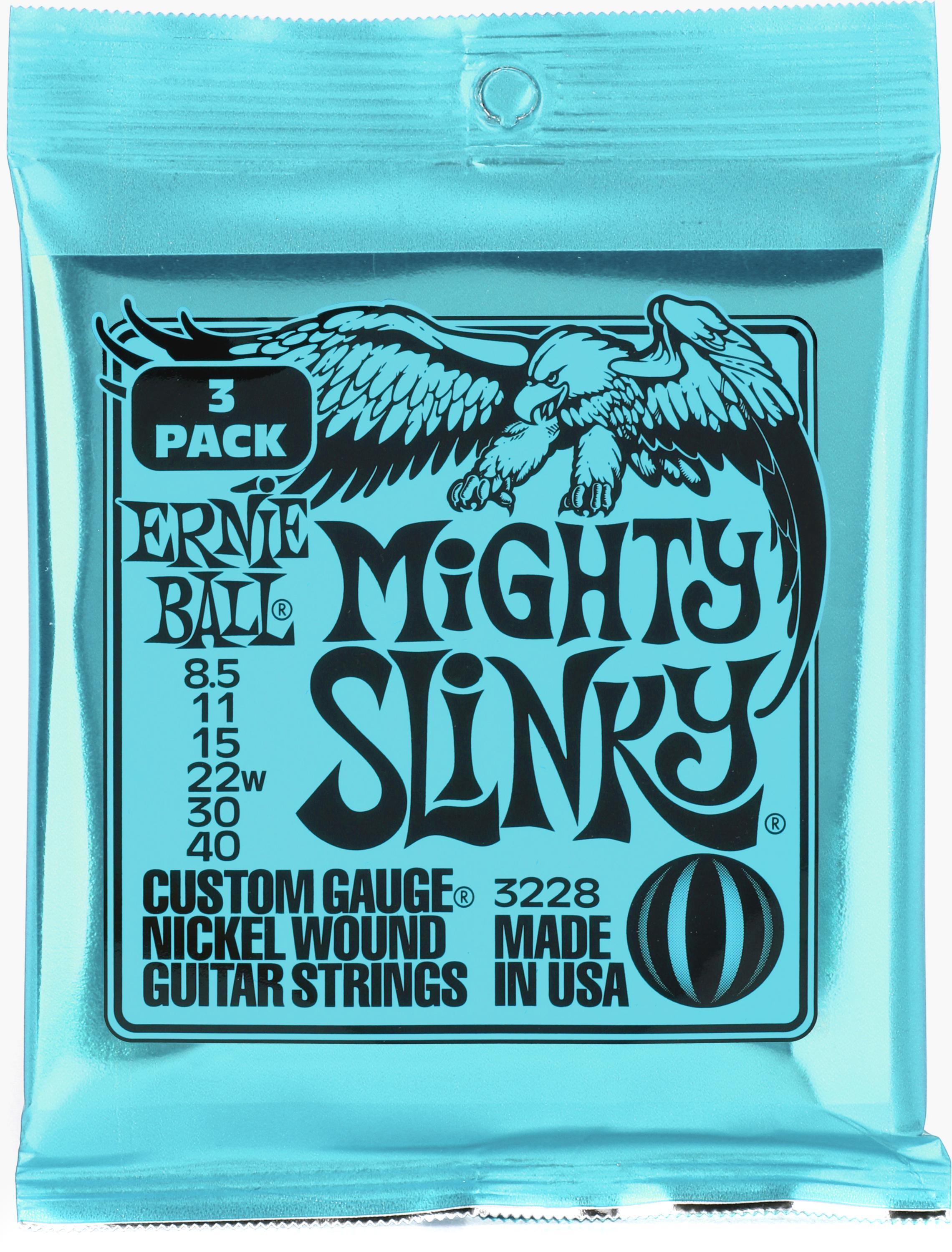 Photo of Ernie Ball 3228 Mighty Slinky Nickel Wound Electric Guitar Strings - .0085-.040 (Factory 3-pack)