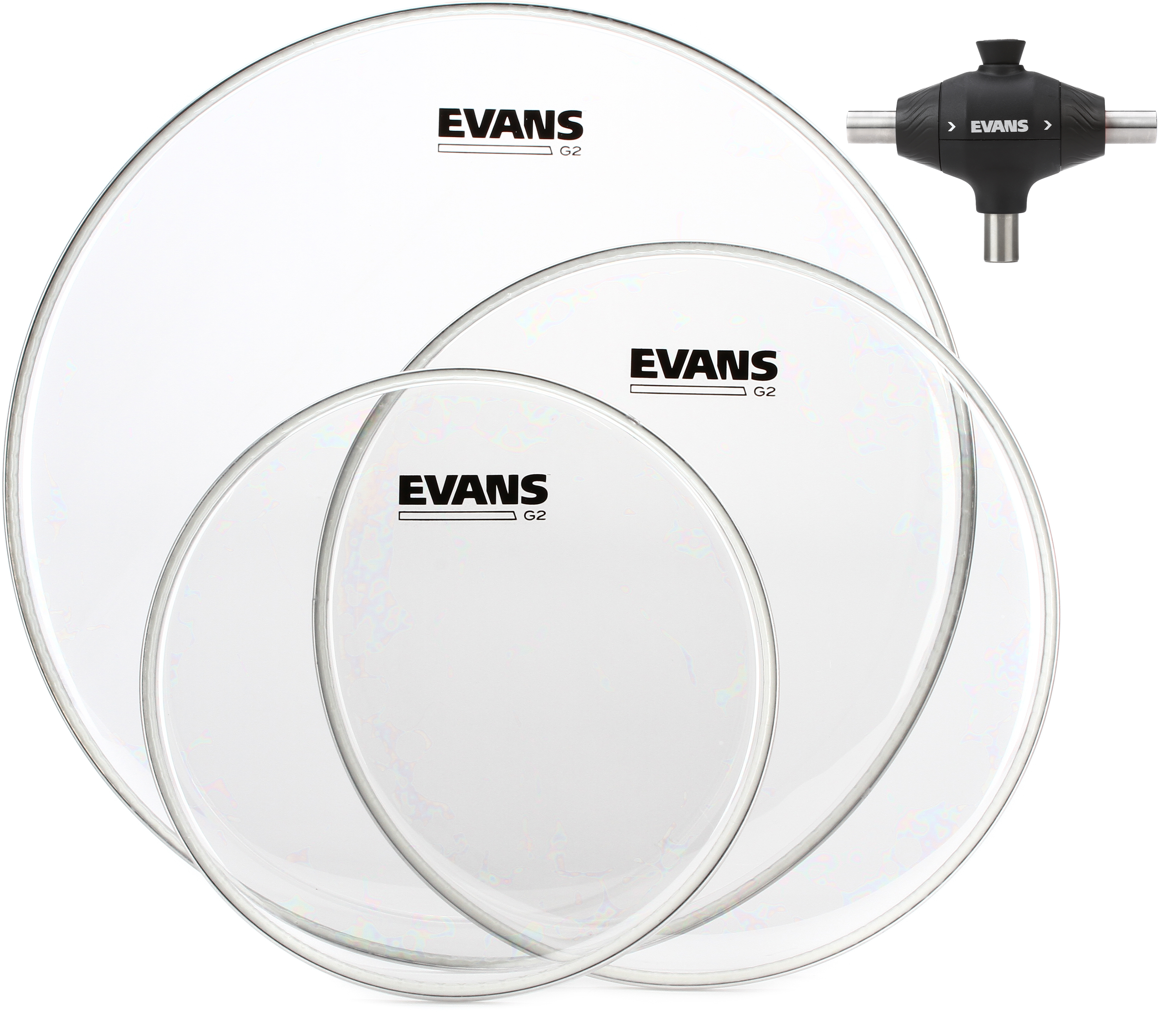 Evans G2 Clear 3-piece Tom Pack with Pull Cord Drum Key - 10/12/16 inch ...