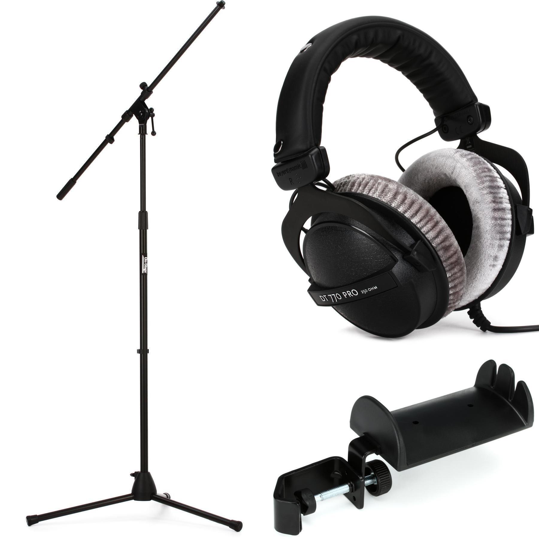 Beyerdynamic DT 770 Pro 250 ohm Closed back Studio Mixing Headphones Mic Stand Bundle