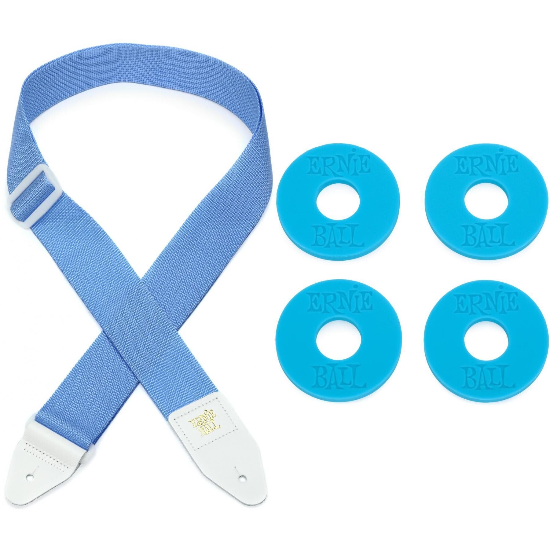 Photo of Ernie Ball Polypro Strap - Soft Blue and White with Blue Strap Blocks
