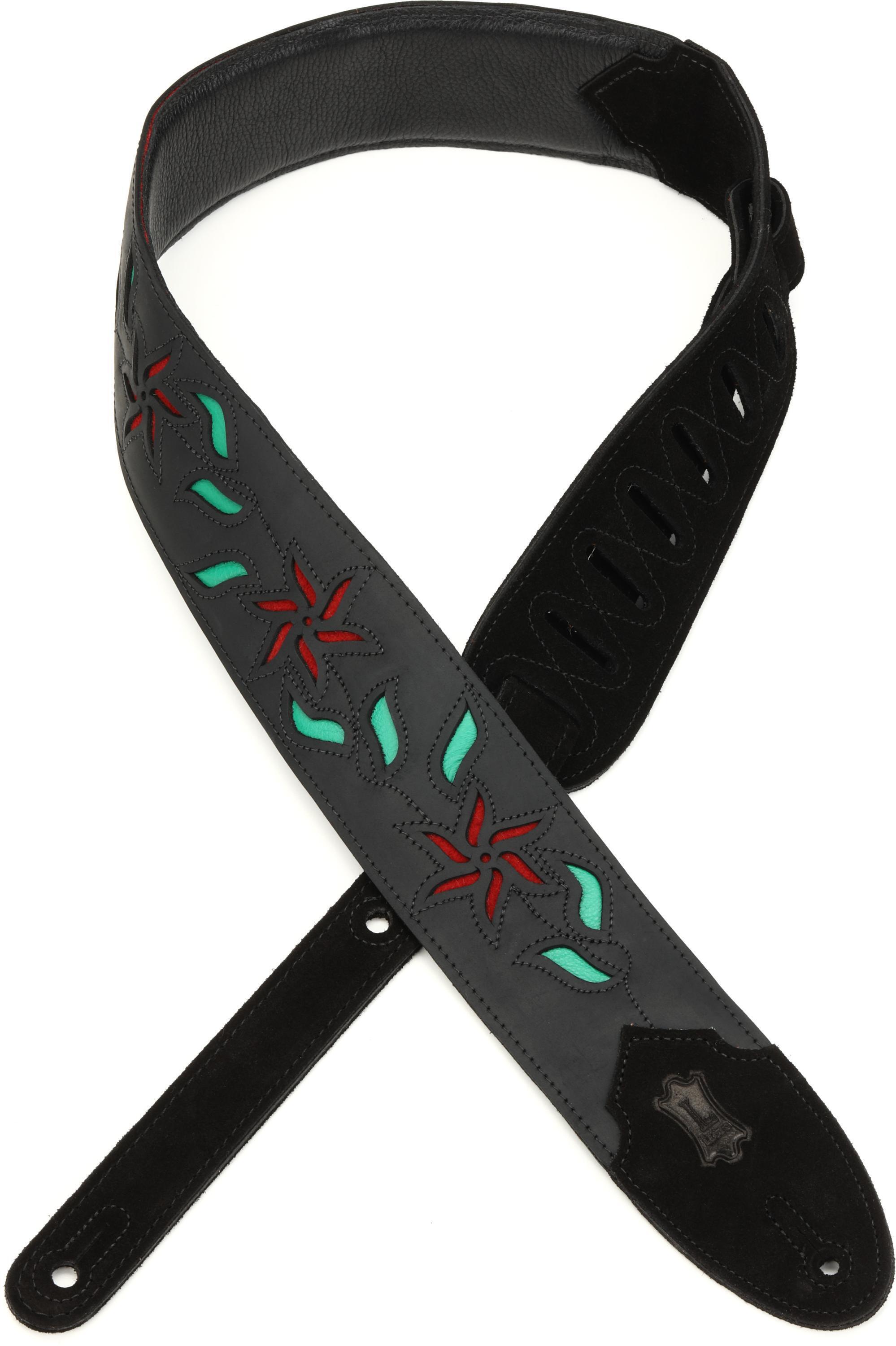 Photo of Levy's M4FV 2.5-inch Flowering Vine Genuine Leather Guitar Strap - Flowering Vine Black Leather