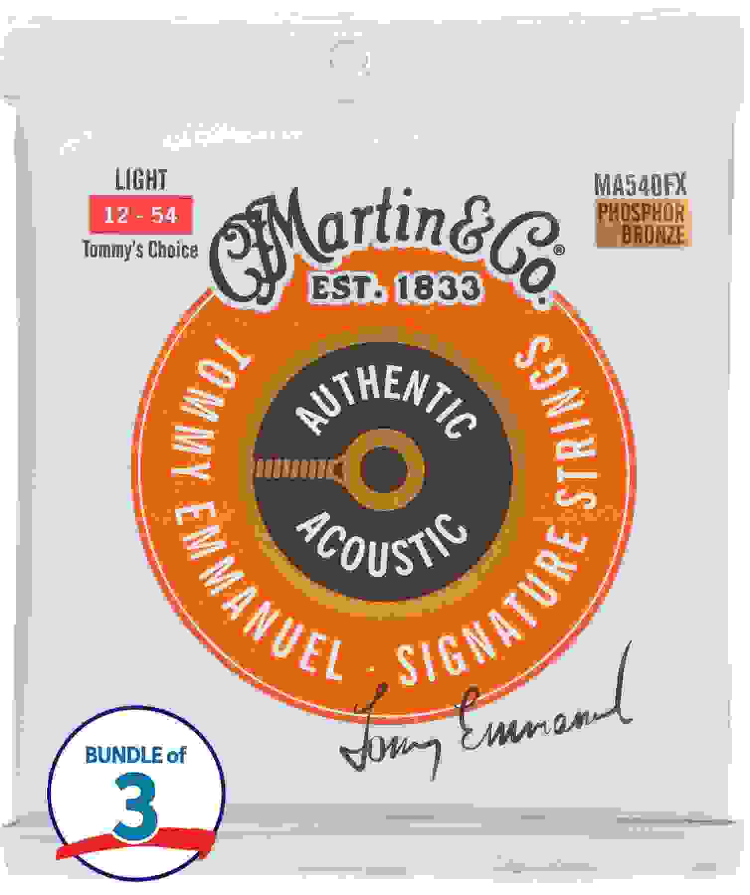 Martin MA540FX Tommy's Choice Authentic Acoustic Flexible Core 92/8 Phosphor Bronze Guitar Strings - .012-.054 Light (3-pack)