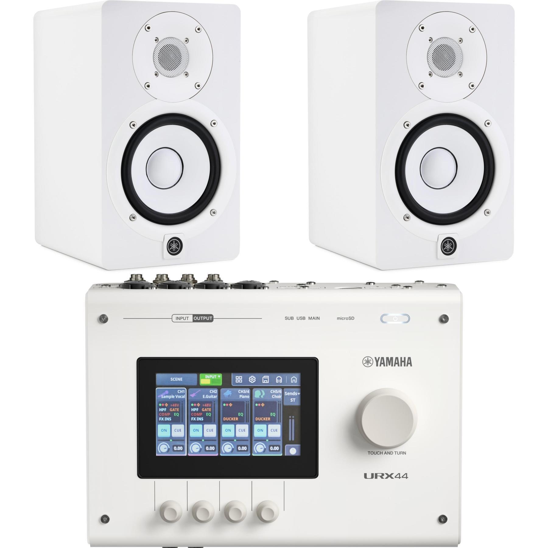 Photo of Yamaha URX44 USB-C Audio Interface with HS5 Studio Monitors - White