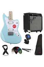 Photo of Squier Mini Jazzmaster HH Electric Guitar and Fender Frontman 10 Amp Essentials Bundle- Daphne Blue