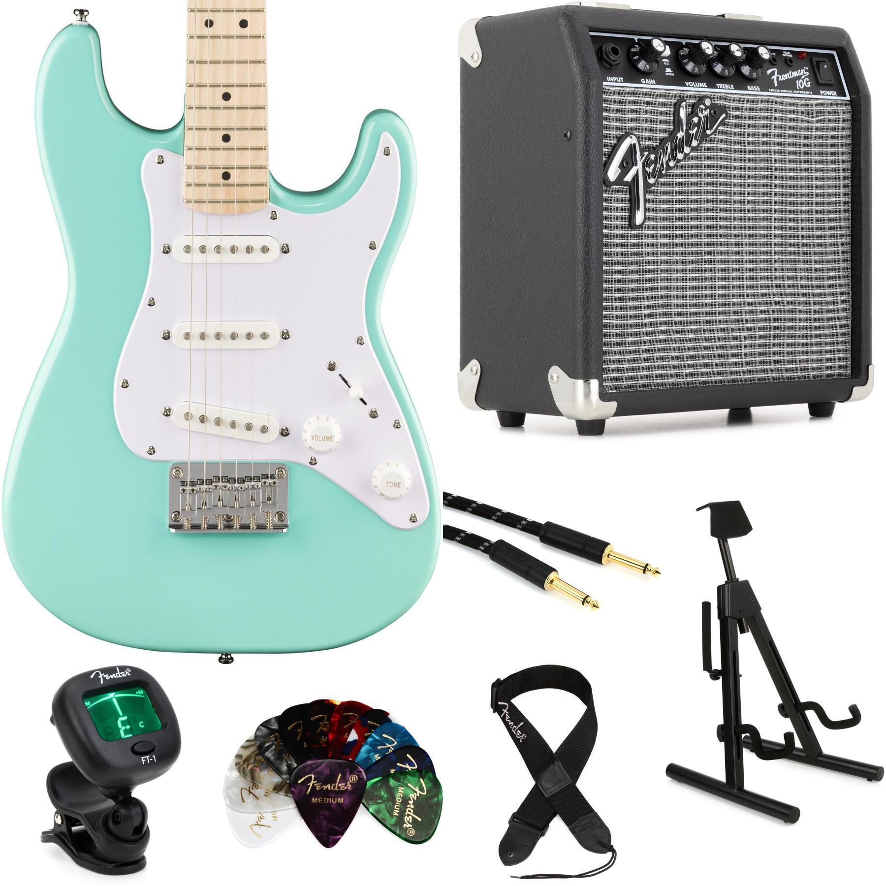 Photo of Squier Mini Stratocaster Electric Guitar and Fender Amp Bundle - Sea Foam Green