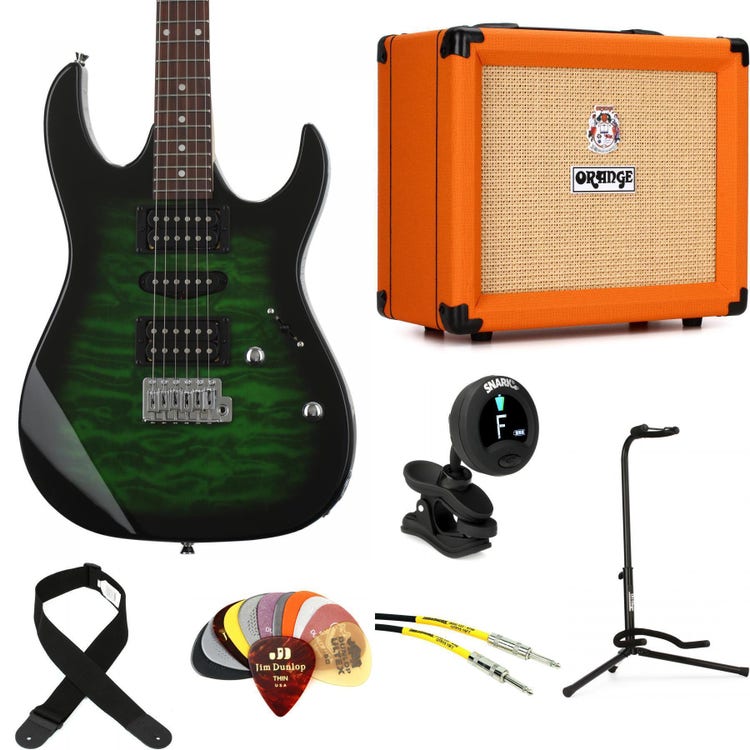 Ibanez Gio GRX70QA Electric Guitar and Orange Crush 20 Amp Essentials  Bundle - Transparent Emerald Burst