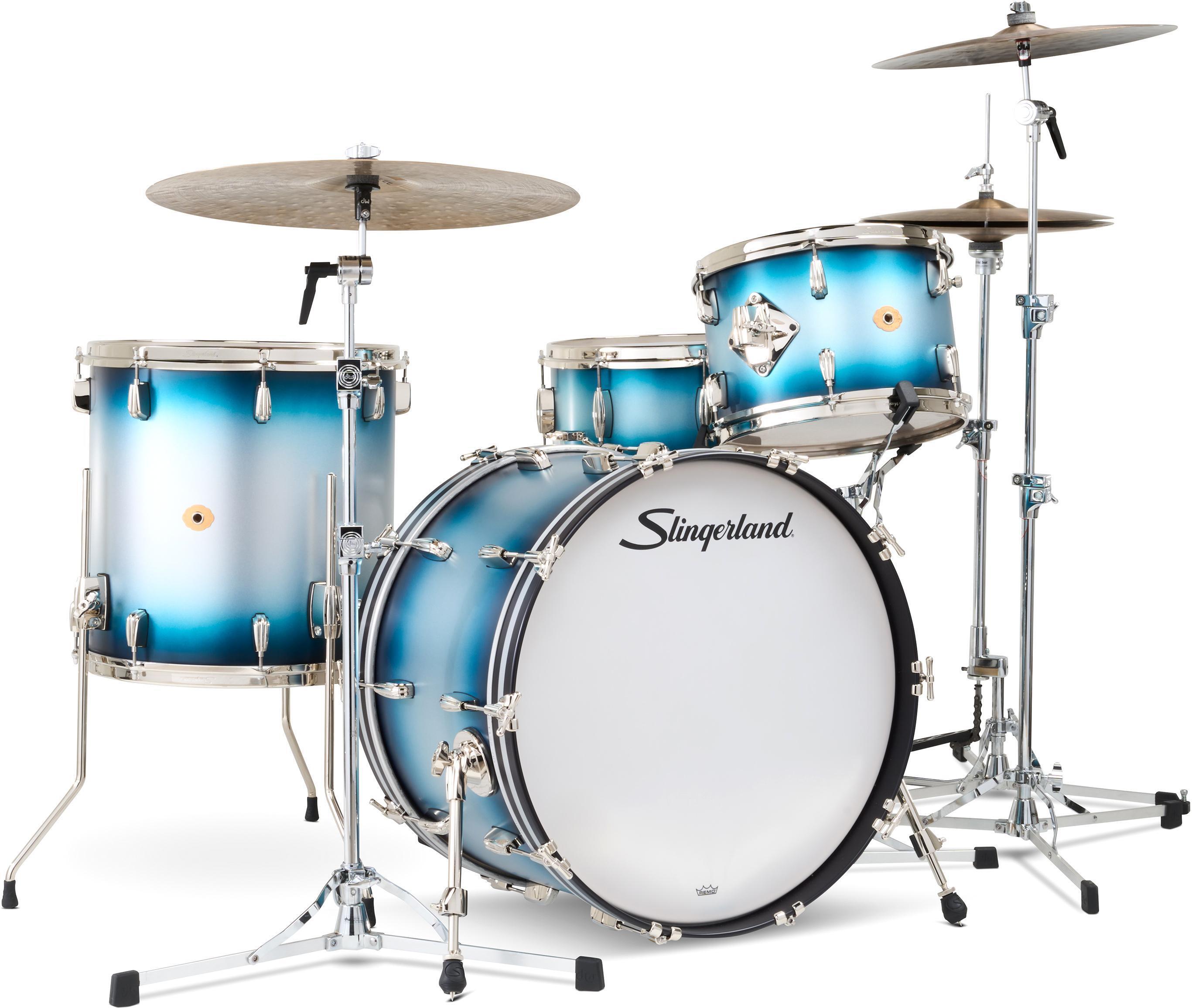 Photo of Slingerland Radio King 4-piece Shell Pack with Snare Drum - Blue and Silver Lacquer