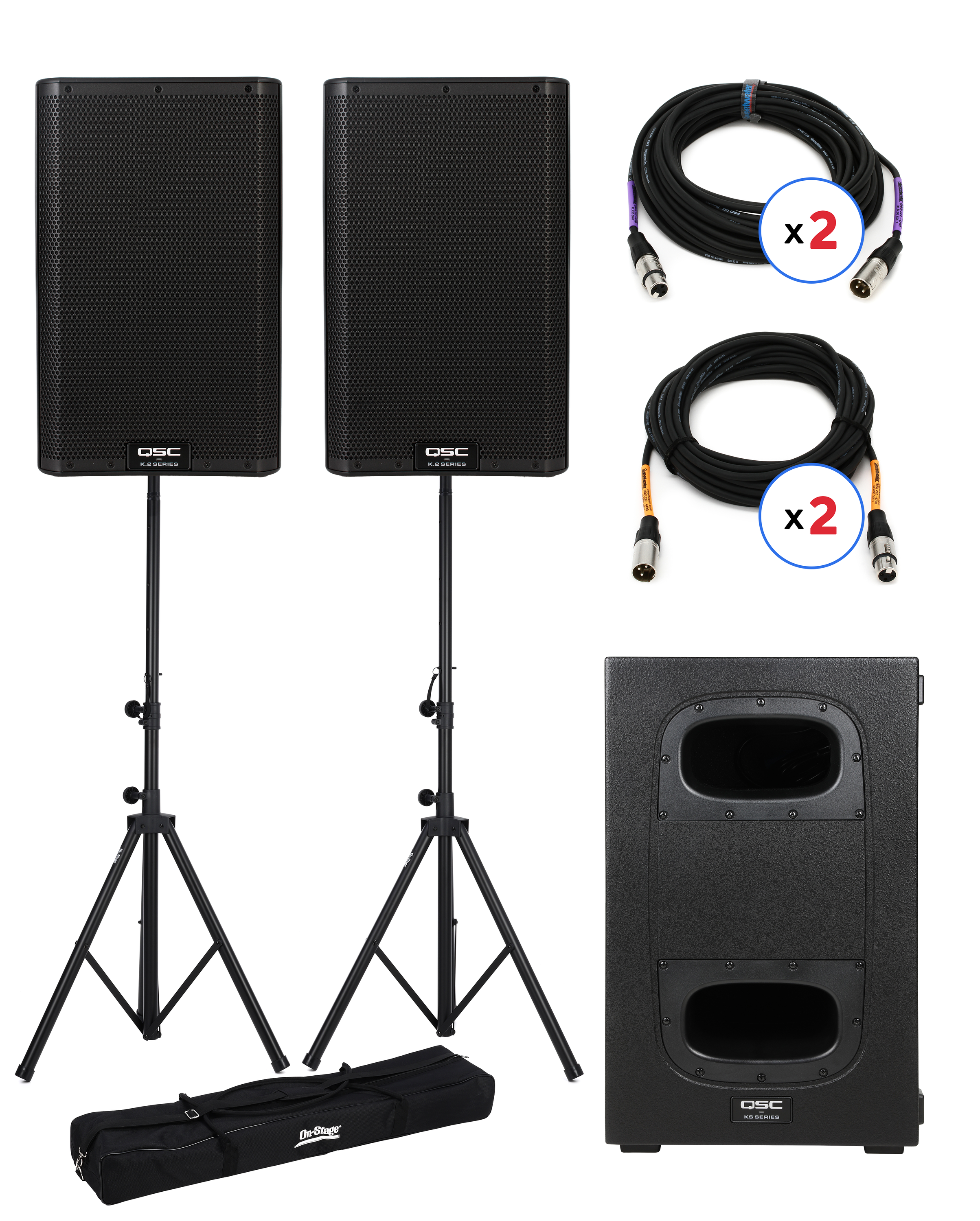 QSC K8.2 Powered Speaker pair with KS Cardioid Sub, Stands QSC K8.2 Powered Speaker pair with KS Cardioid Sub, Stands
