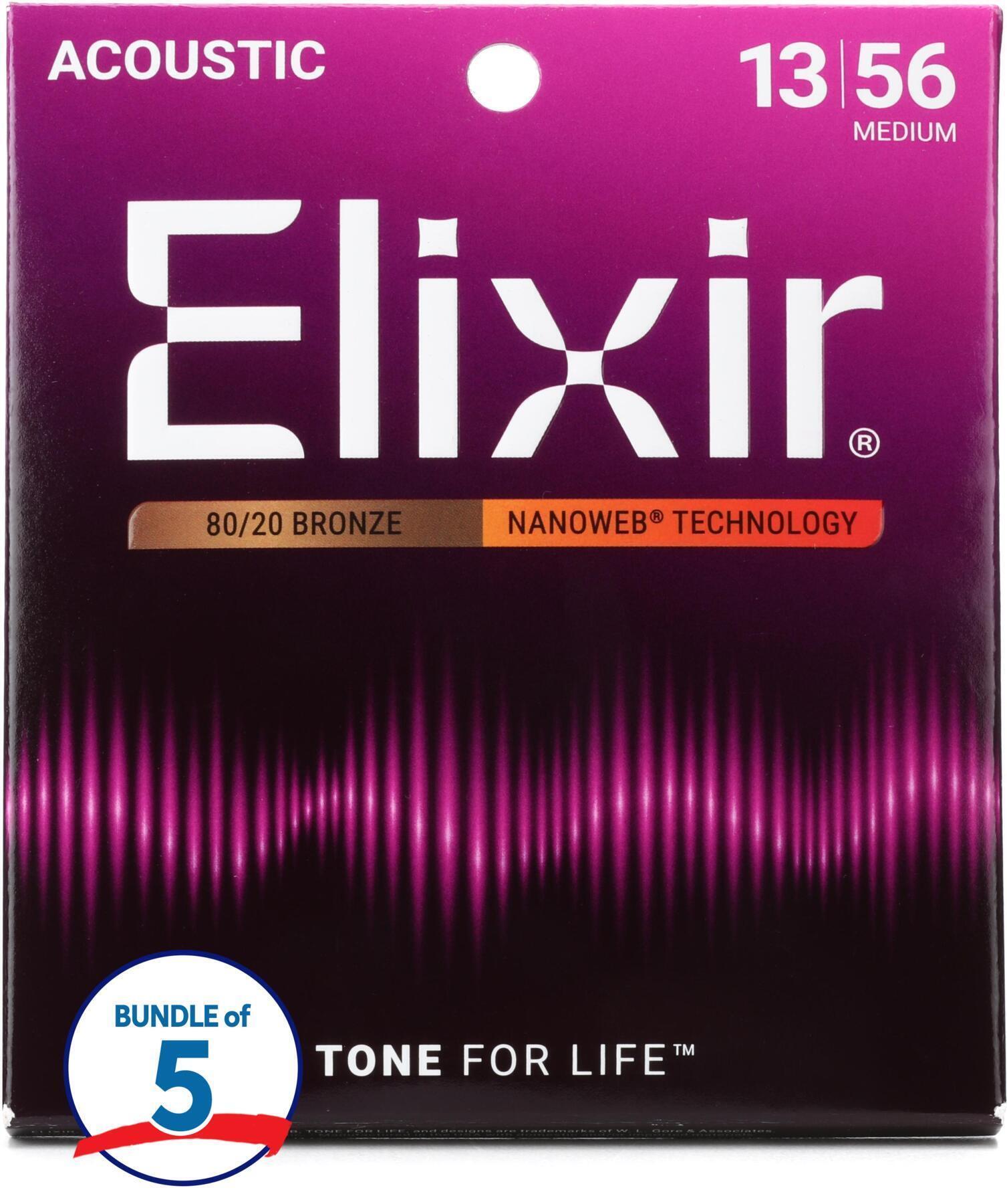 Photo of Elixir Strings 11102 Nanoweb 80/20 Acoustic Guitar Strings - .013-.056 Medium (5-pack)