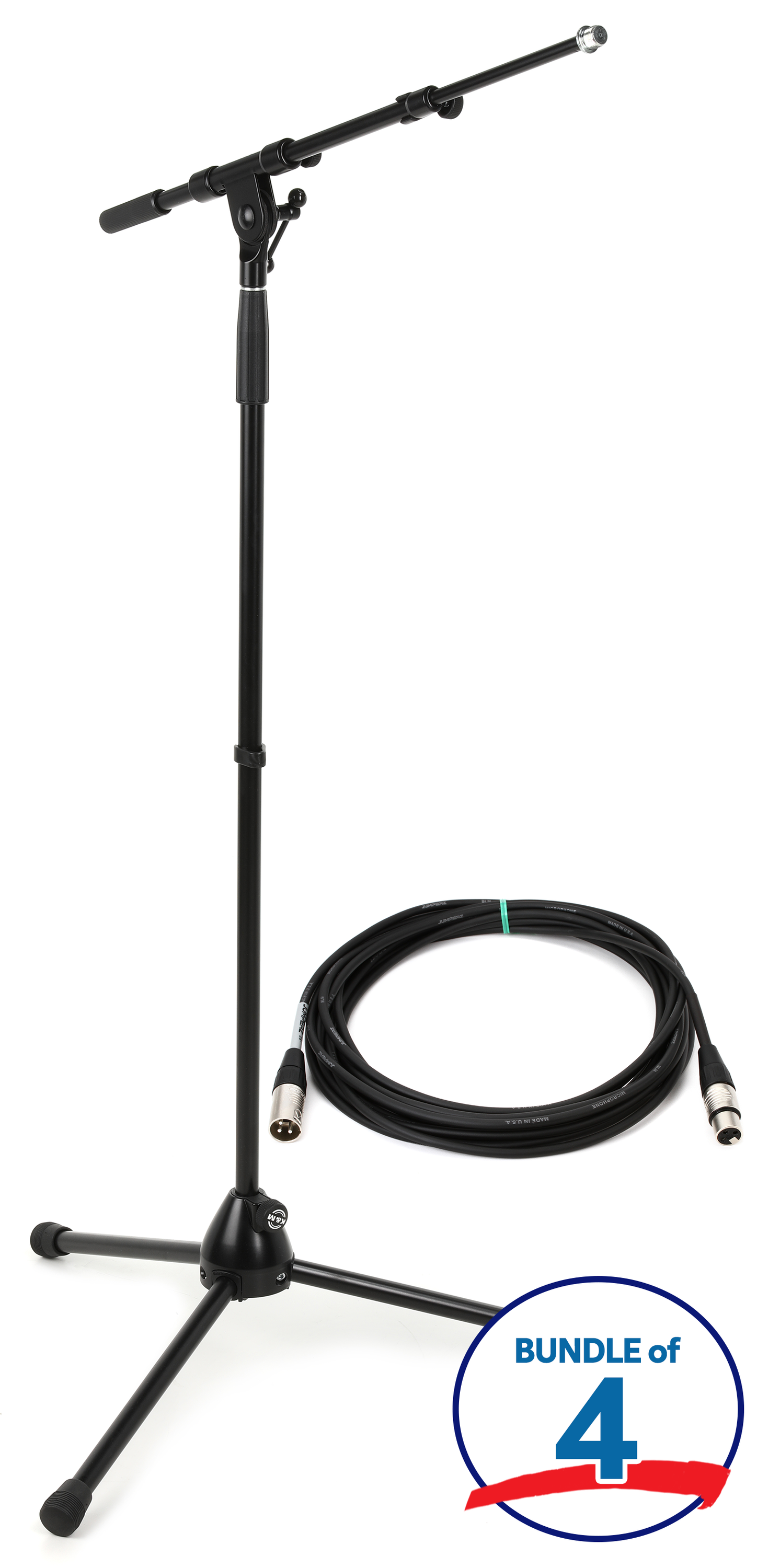 K&M KM21090 Mic Stand 4-pack + 4 Jumperz 25' Mic Cables | Sweetwater