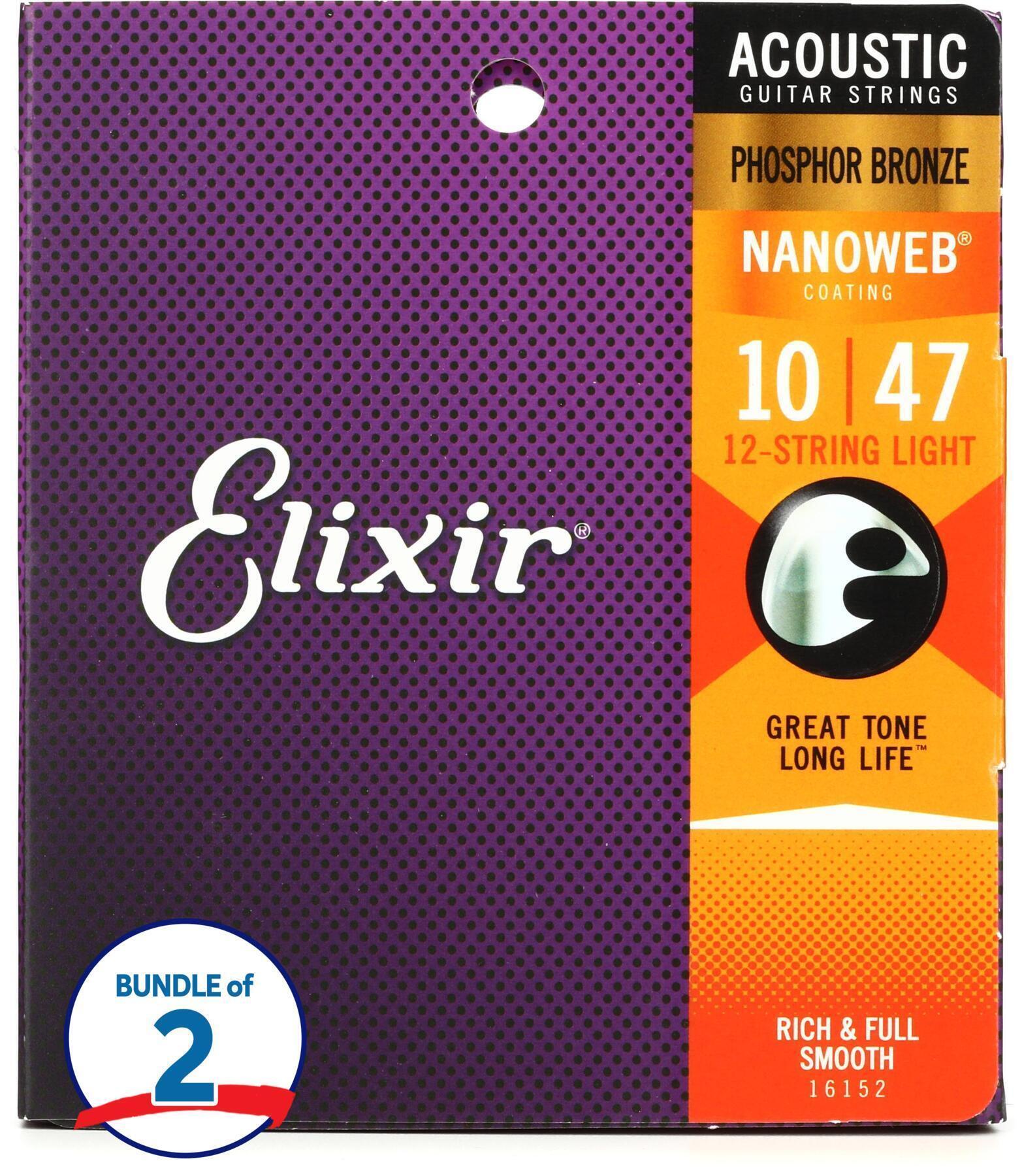 Elixir Strings 16152 Nanoweb Phosphor Bronze Acoustic Guitar Strings -  .010-.047 12-string Light (2-pack)