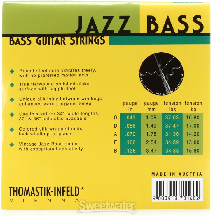 Thomastik-Infeld JR345 Jeu de 5 cordes pour guitare basse Jazz Round Wound  Long Scale ; Pure Nickel Rounds G, D, A, F, B