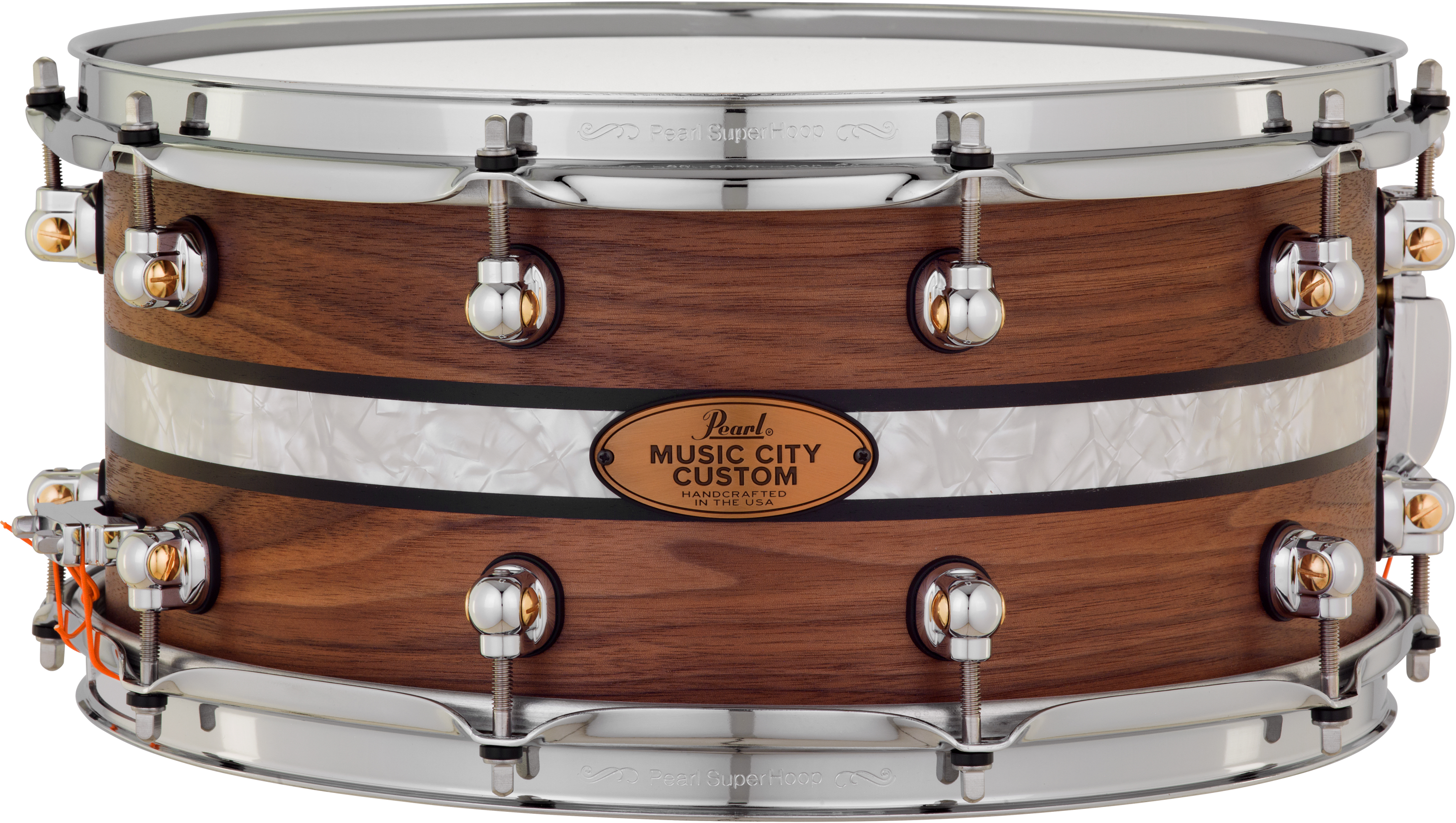 Photo of Pearl Music City Custom Solid Walnut Snare Drum - 6.5 x 14-inch - Natural with Duoband Ebony Marine Pearl Inlay