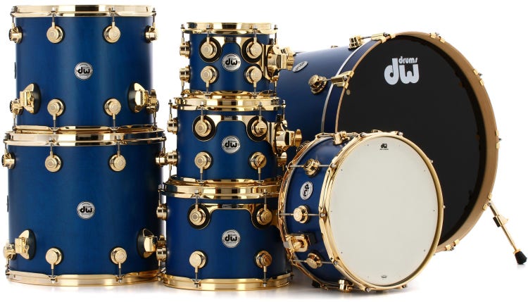 DW Collector\'s Pack Mahogany | Sweetwater Blue Maple 7-piece Regal - Shell Satin Series