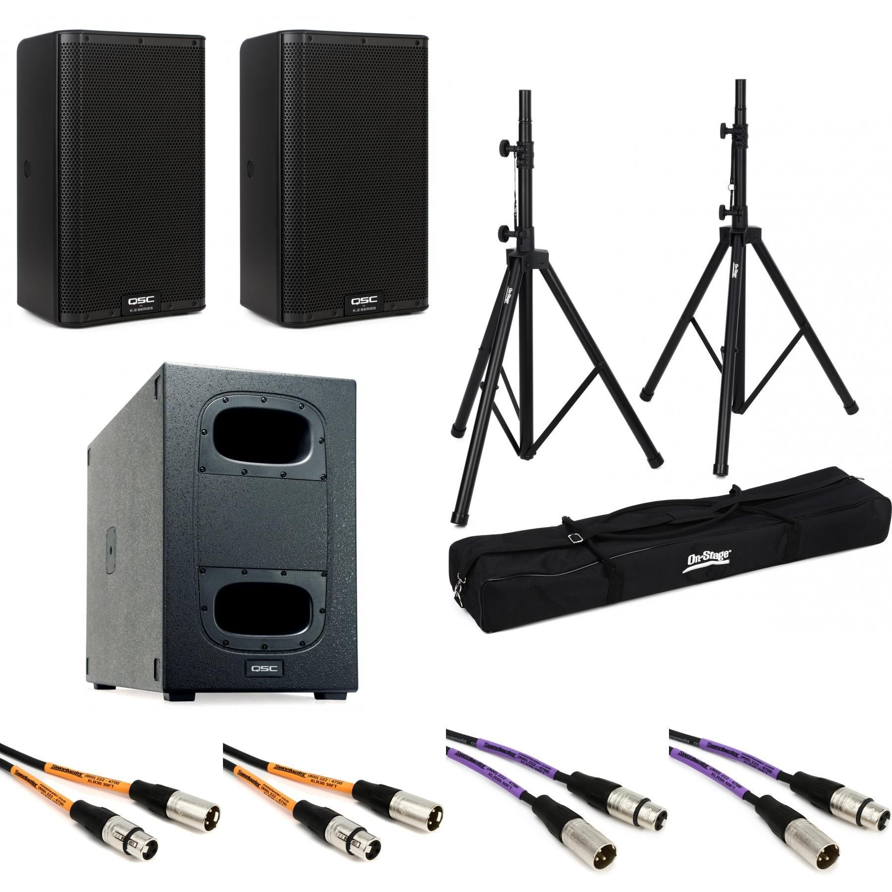 QSC K8.2 Powered Speaker pair with KS Cardioid Sub, Stands, and Cables