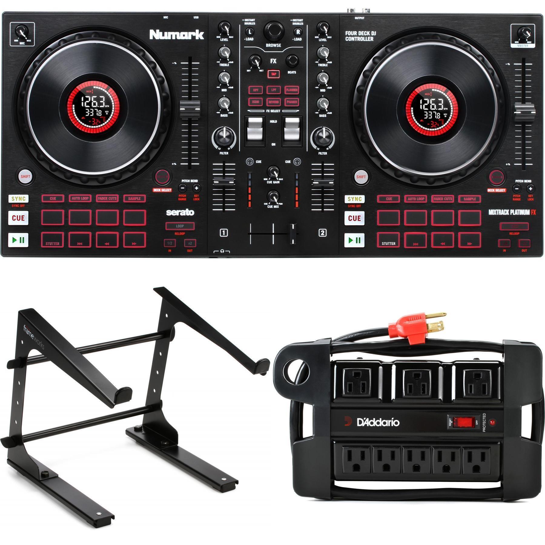 Numark MIXTRACK Platinum FX 4-channel Serato DJ Lite Controller with Laptop  Stand and Power Block