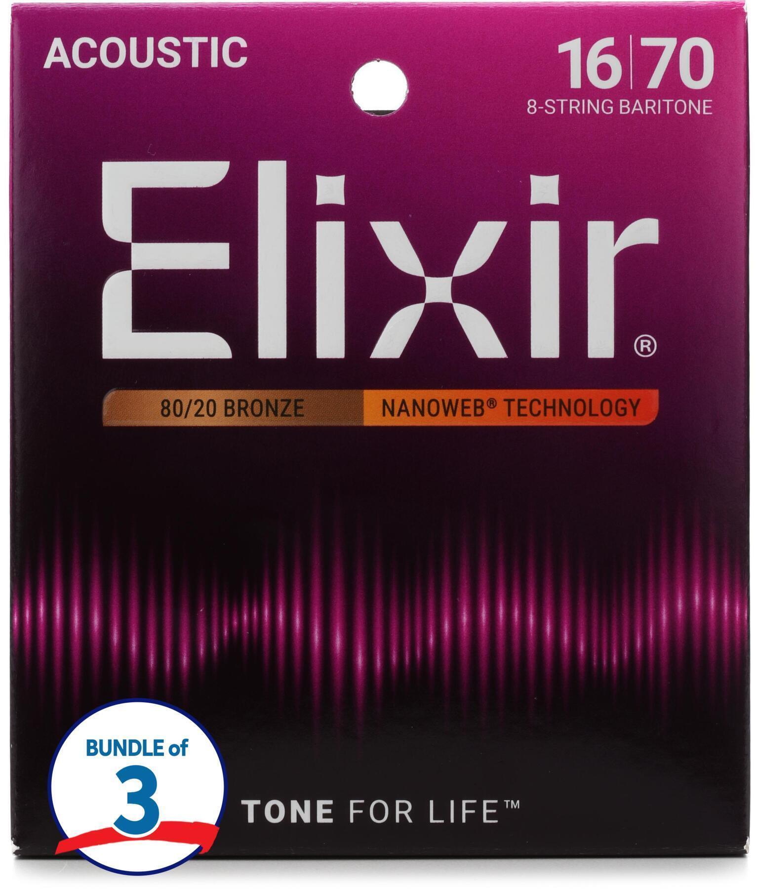 Photo of Elixir Strings 11308 Nanoweb 80/20 Bronze Acoustic Baritone Guitar Strings - .016-.070 8-string (3-pack)