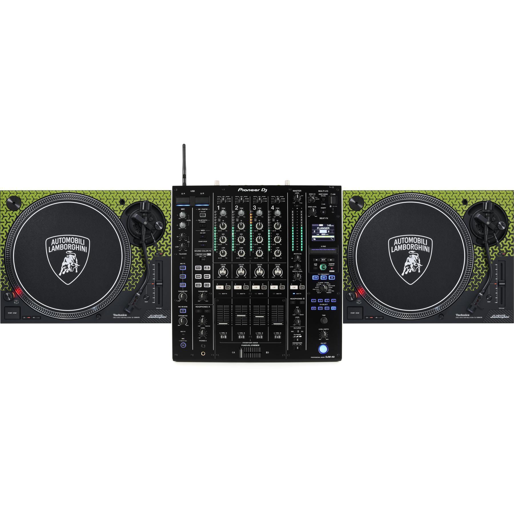 Technics x Lamborghini SL-1200M7B Special-edition Direct Drive Turntable  Pair and Pioneer DJ DJM-A9 4-channel DJ Mixer - Verde Shock