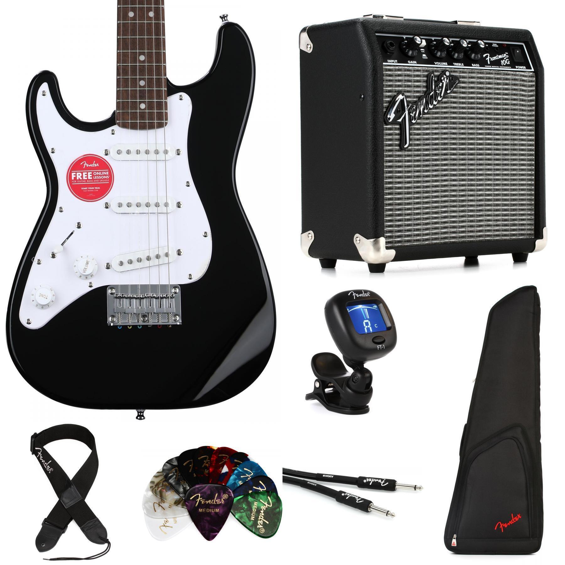 Squier Mini Stratocaster Left-handed Electric Guitar and Fender Frontman 10  Amp Essentials Bundle - Black