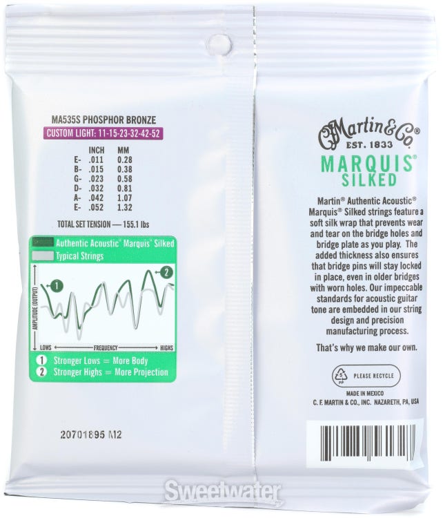 Corde Per Chitarra Acustica Martin Phosphor Bronze Custom Light - Calibro .011-.052, Tono Caldo E Flessibile