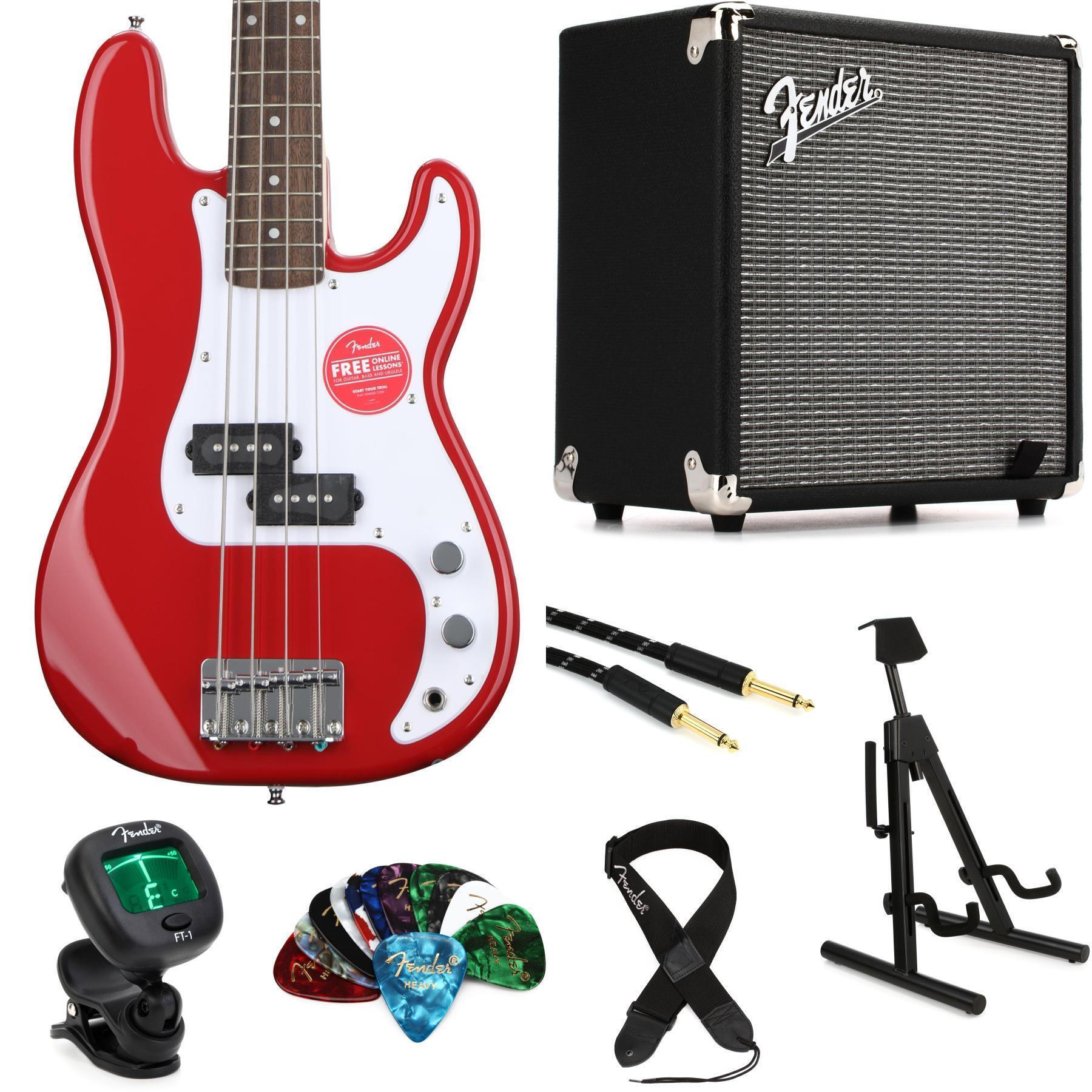 Photo of Squier Mini Precision Bass Electric Bass and Fender Rumble 15 Amp Essentials Bundle - Dakota Red with Laurel Fingerboard
