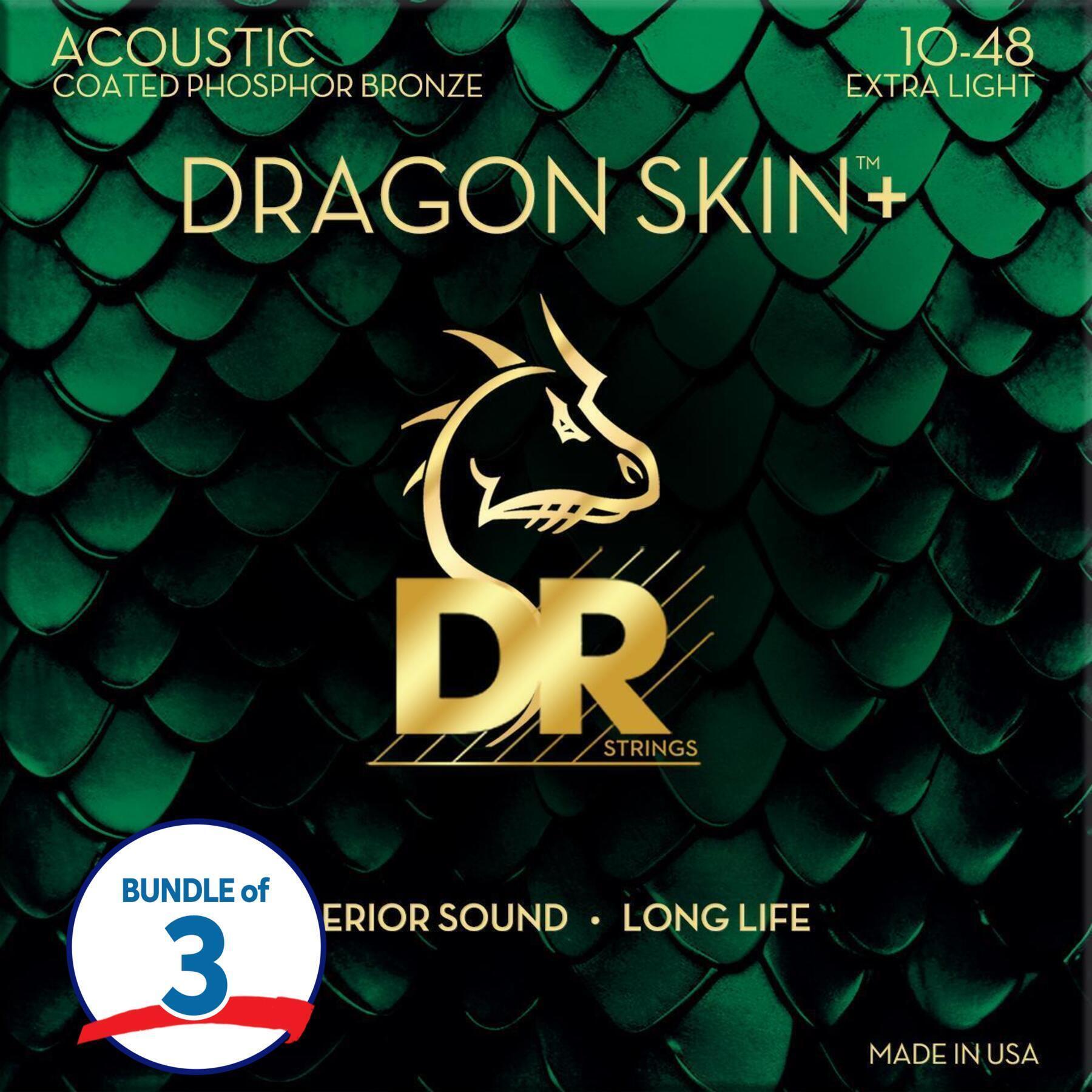 Photo of DR Strings Dragon Skin+ Phosphor Bronze Coated Acoustic Guitar Strings (3 Pack) - Extra Light .010-.048