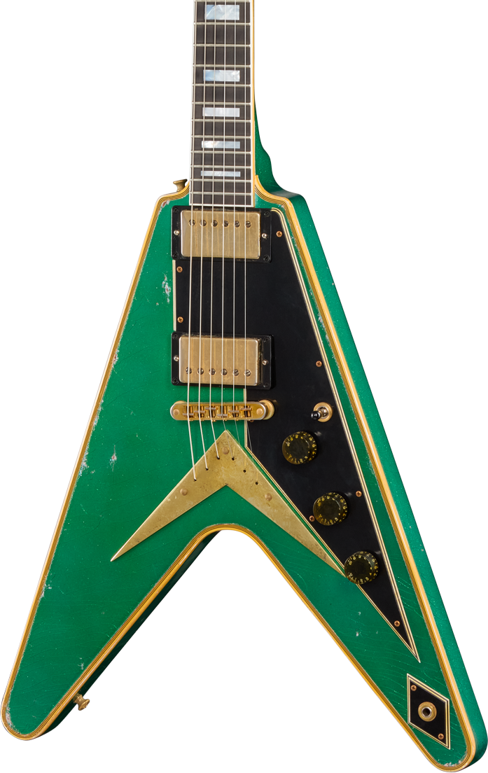 Photo of Gibson Custom Flying V Custom Electric Guitar - Teal Sparkle, Heavy Aged