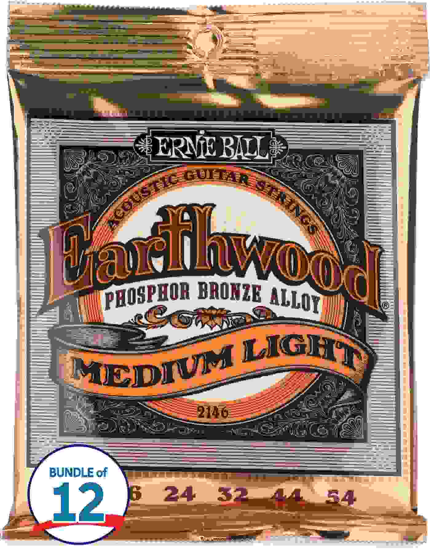 Ernie Ball 2146 Earthwood Phosphor Bronze Acoustic Guitar Strings - .012-.054 Medium Light (12-pack)