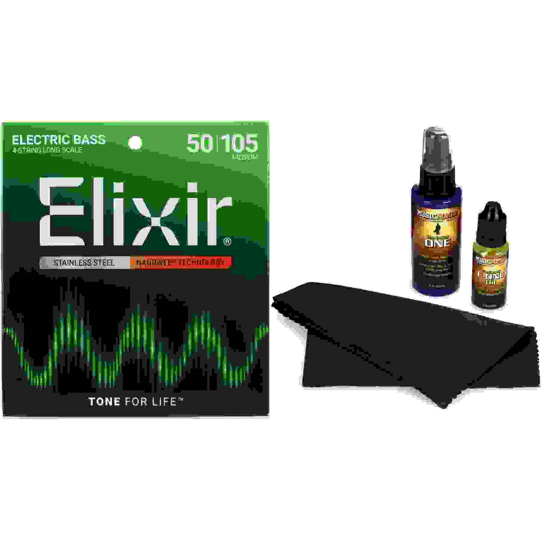 Elixir Strings 14702 Nanoweb Electric Bass Guitar Strings with Guitar Care Kit - .050-.105 Medium Long Scale