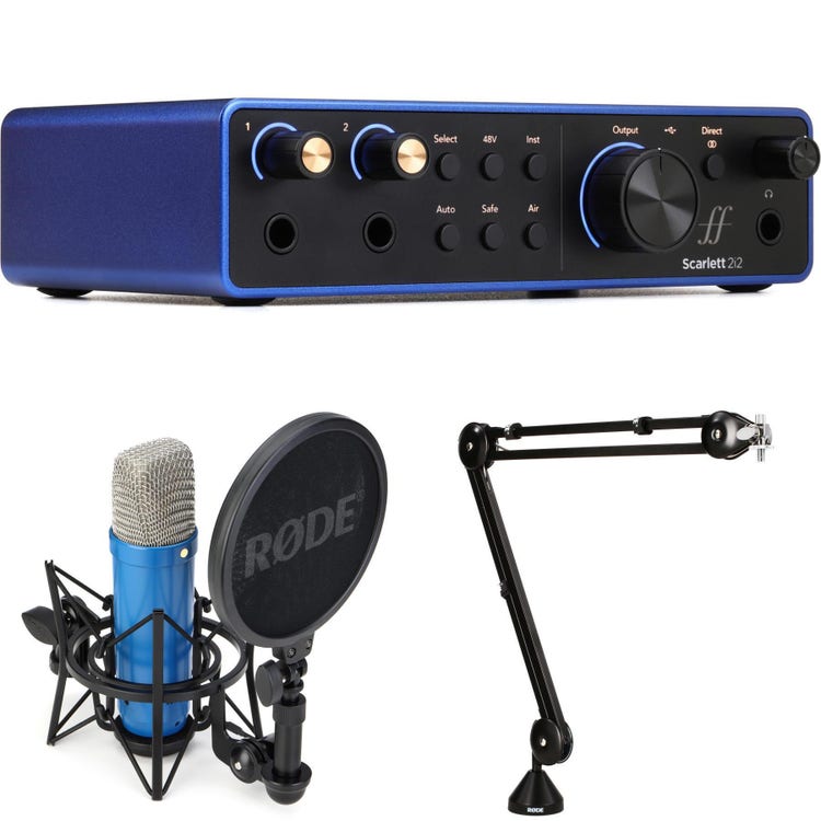 Focusrite Scarlett 2i2 USB-C Audio Interface with NT1 Signature Series Condenser Microphone and Boom Arm - Forté/ISA Blue, Anniversary Edition