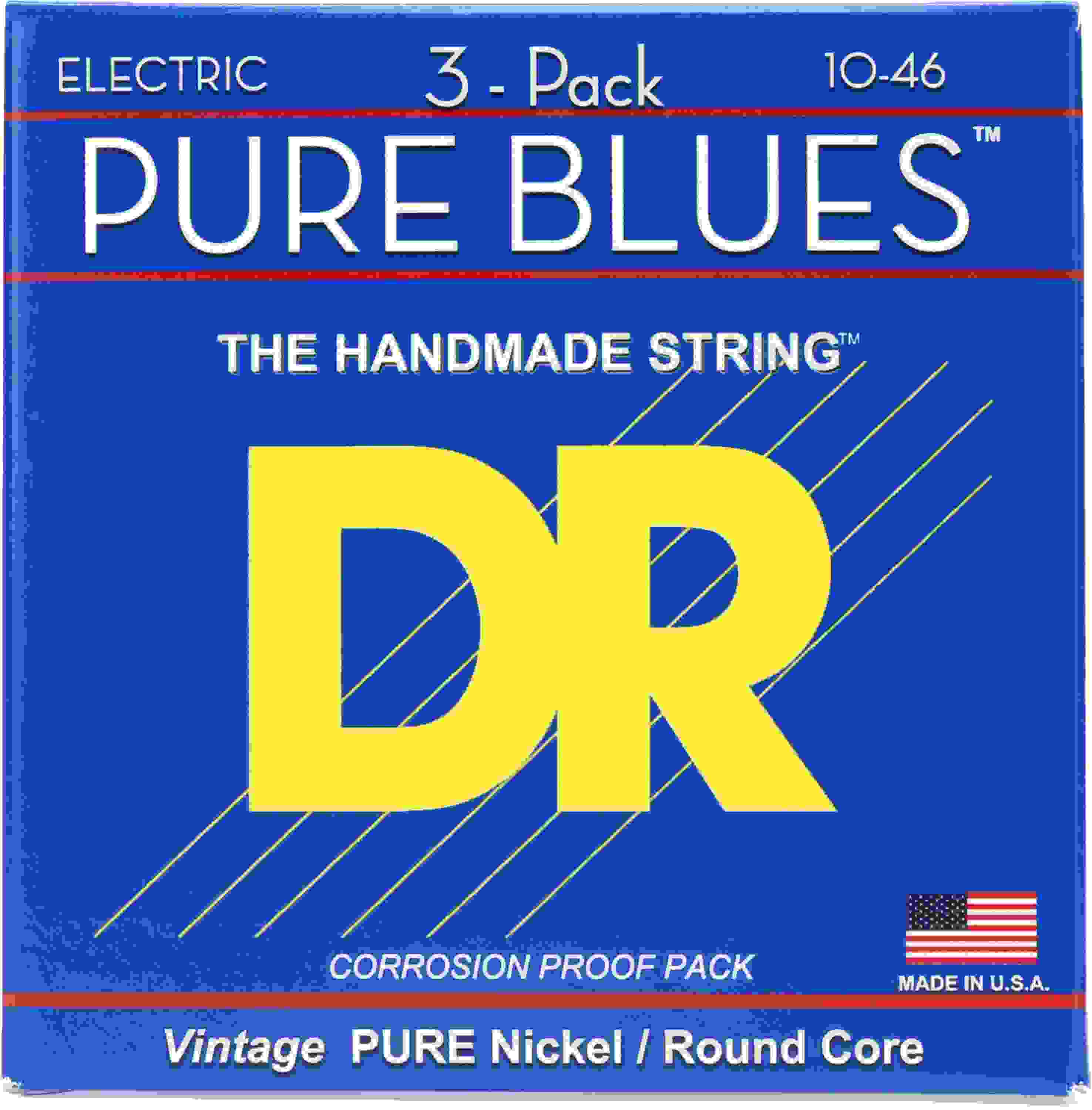 DR Strings PHR-10-3PPK Pure Blues Pure Nickel Electric Guitar Strings - .010-.046 Medium Factory, 3-pack
