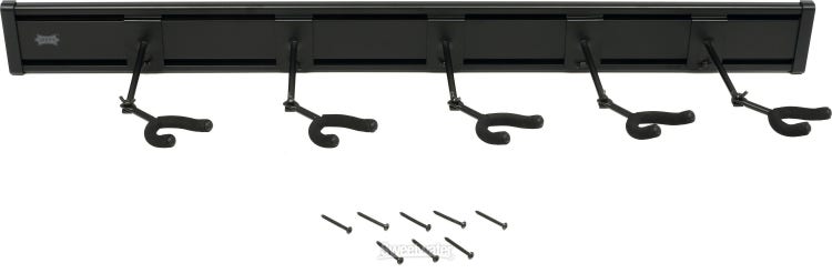 Guitar Wall Mount 48 Inch Rack for 5 Acoustic, Electric, or Bass – 5  Pivoting Steel Hangers and 2X 24 inch Solid Aluminum Slatwall Rails - Black
