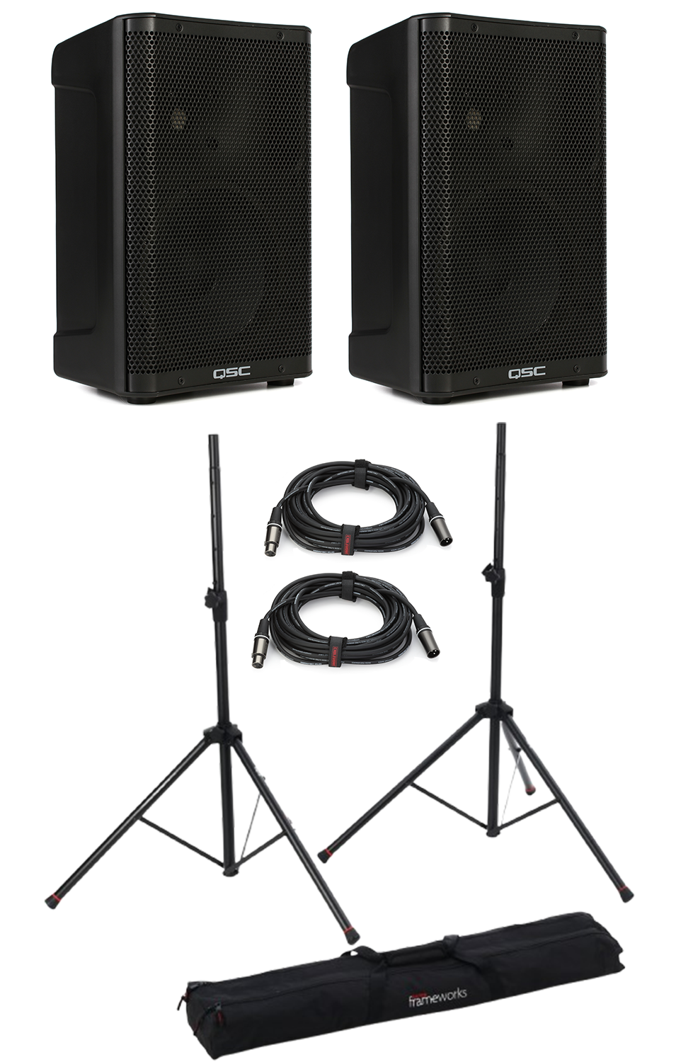 QSC CP8 1000W 8 inch Powered Speaker Pair with Stands and Cables
