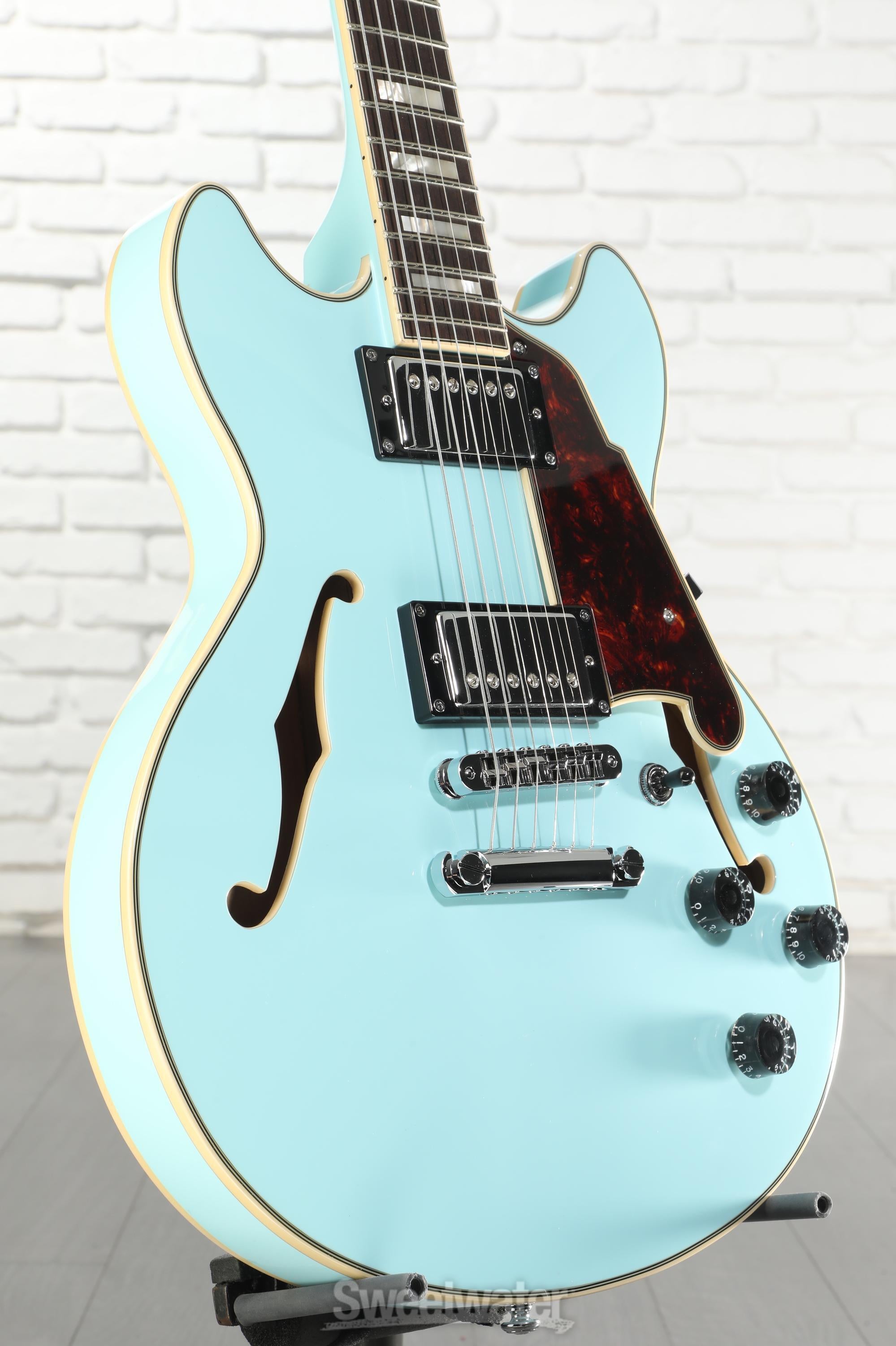 Photo of D'Angelico Premier Mini DC Electric Guitar - Sky Blue with Stopbar Tailpiece