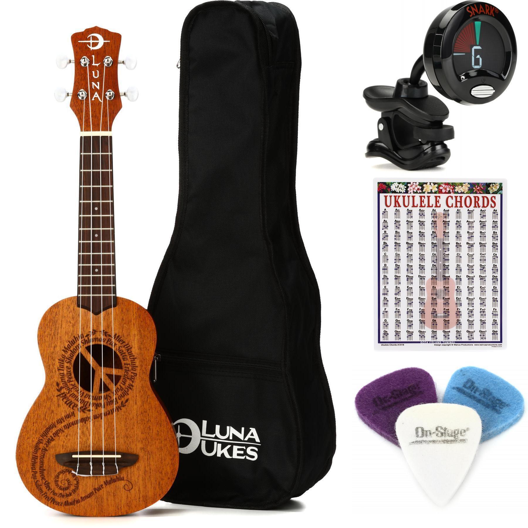 Luna Maluhia Peace Soprano Ukulele Essentials Bundle - Satin