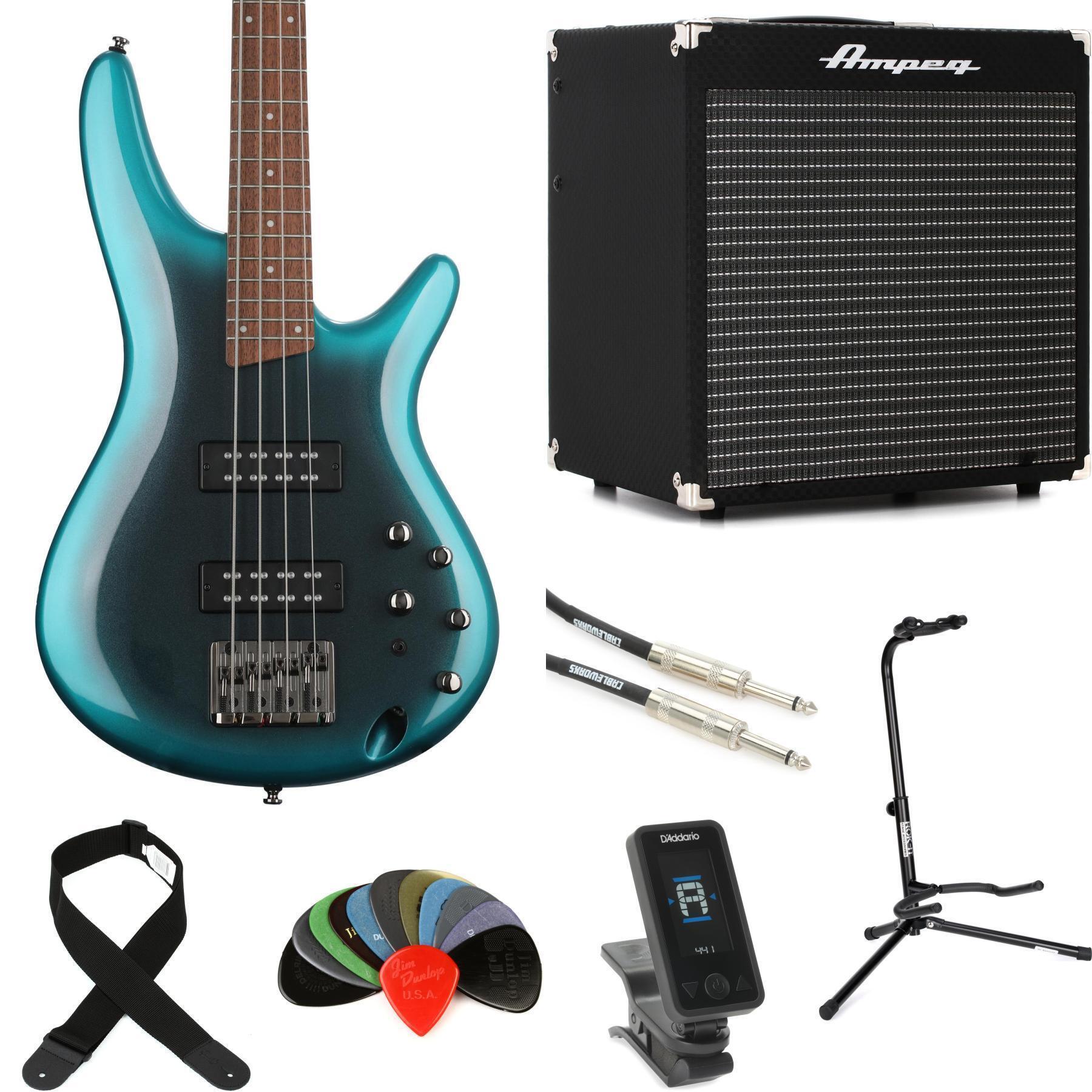 Photo of Ibanez Standard SR300E Bass Guitar and Ampeg RB-108 Amp Bundle- Cerulean Aura Burst