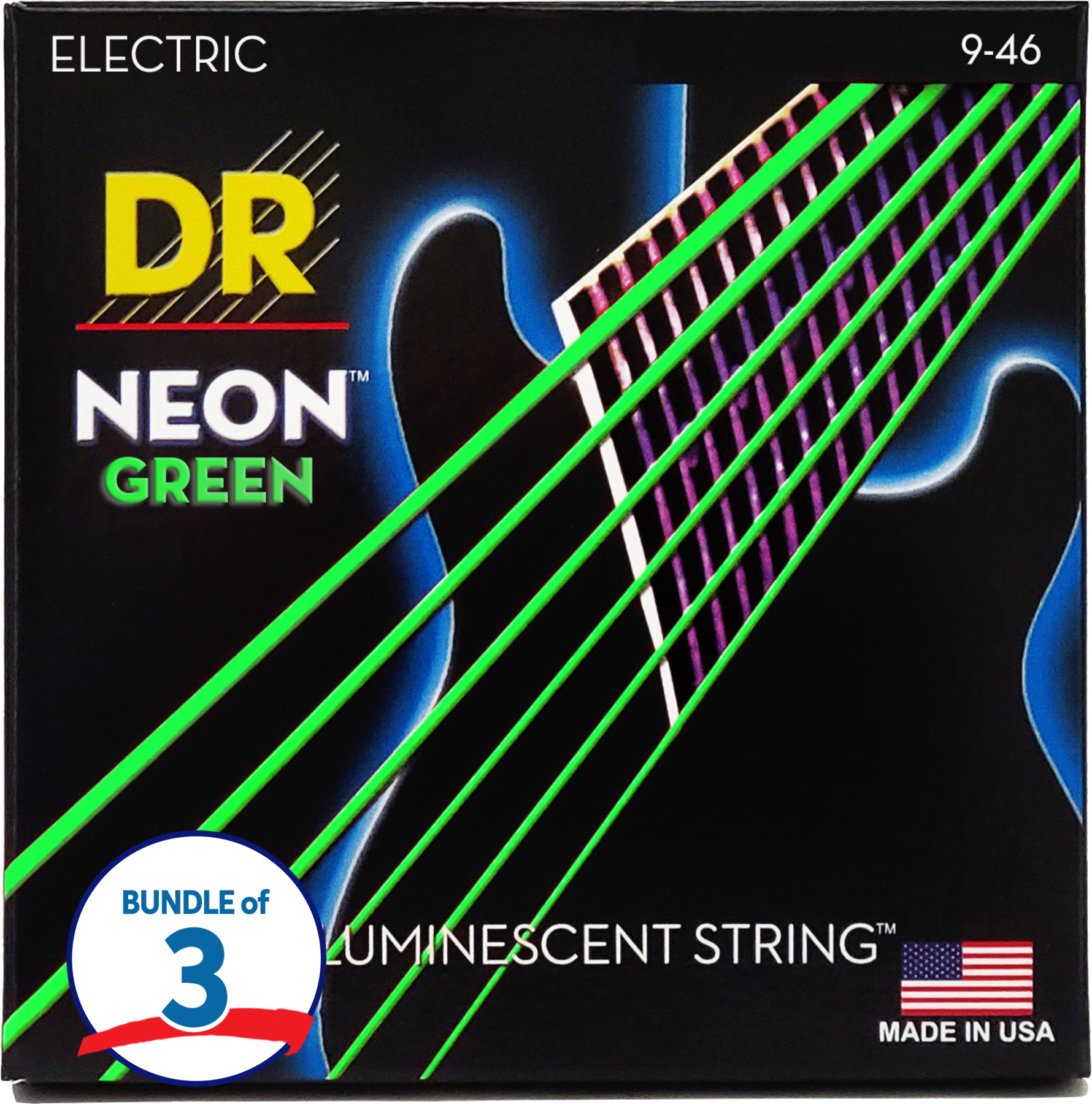 Photo of DR Strings NGE-9/46 Hi-Def Neon Green K3 Coated Electric Guitar Strings - .009-.046 Light Heavy (3-pack)