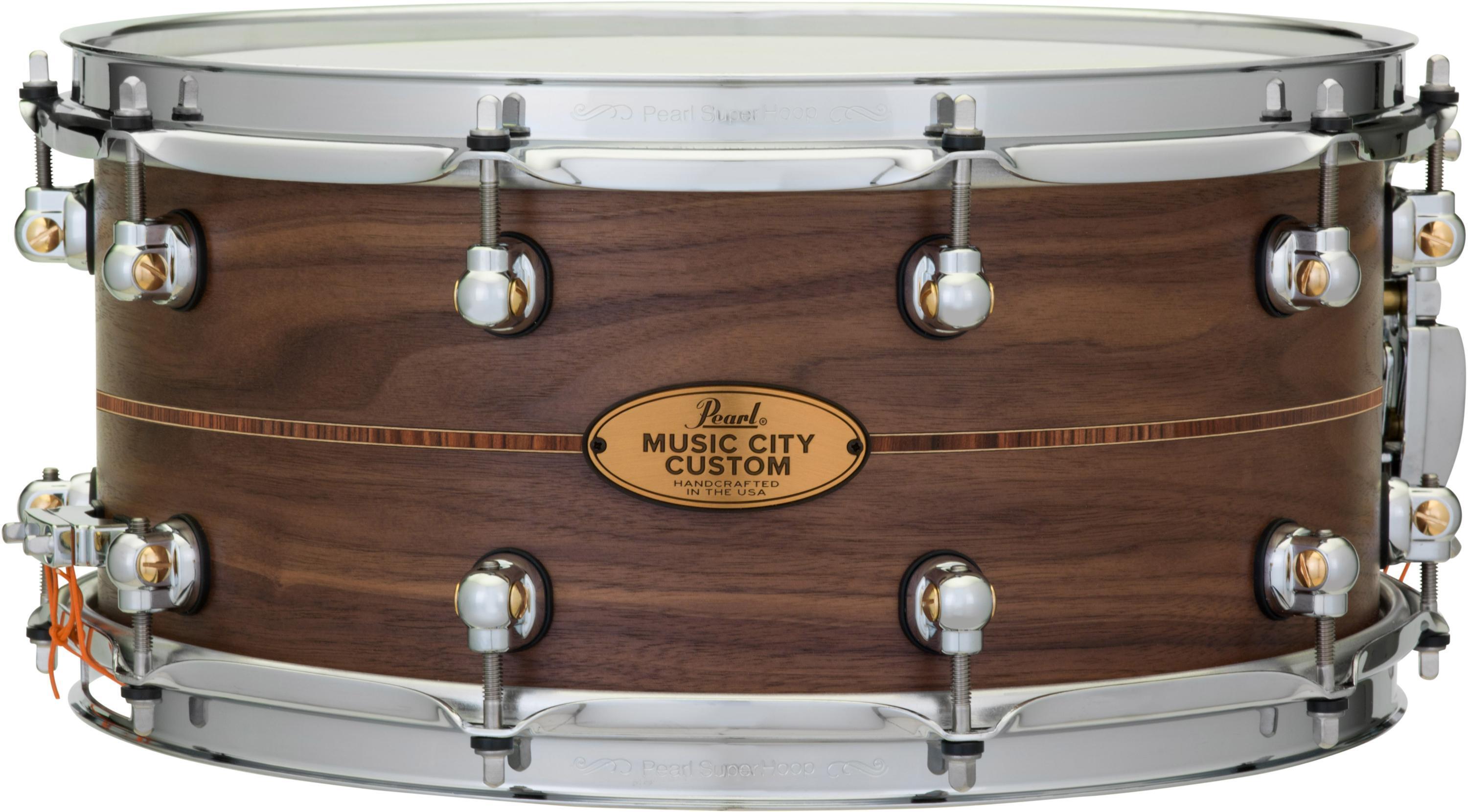 Photo of Pearl Music City Custom Solid Walnut Snare Drum - 6.5 x 14-inch - Kingwood Center Inlay