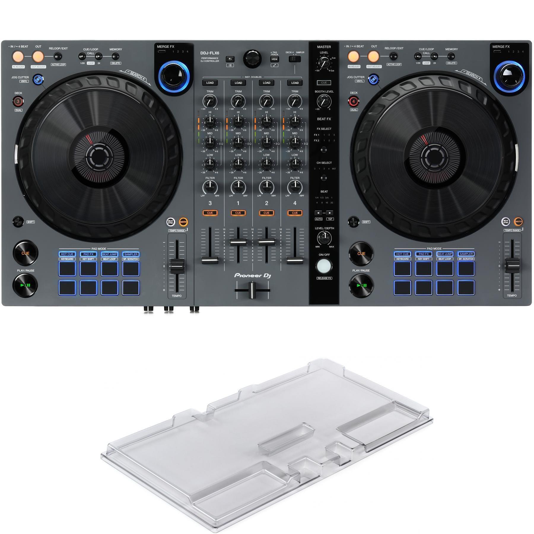 Pioneer DJ DDJ-FLX6 4-deck Rekordbox and Serato DJ Controller with  Decksaver Cover- Graphite