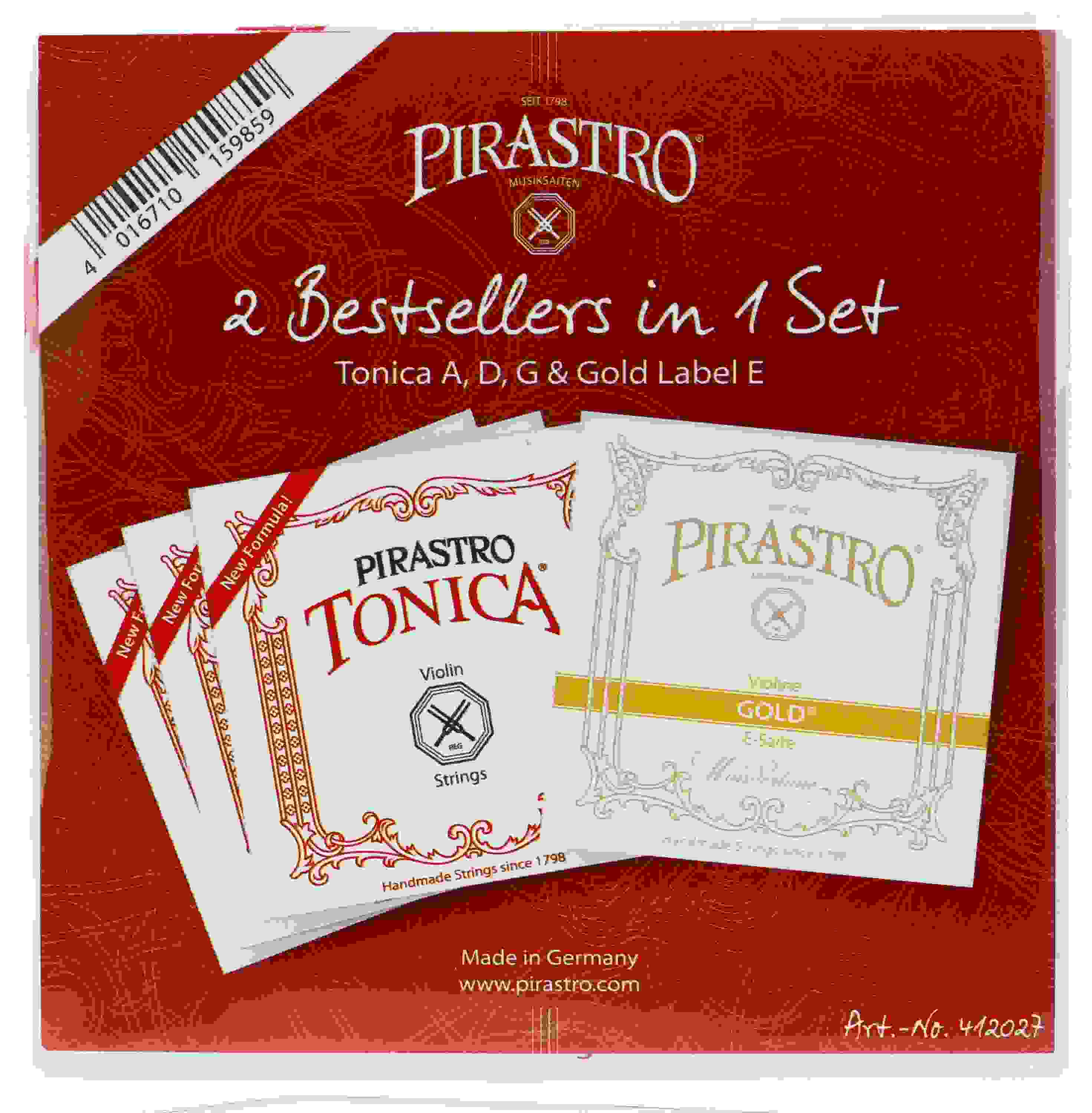 Pirastro Tonica Violin String Set - 4/4 Size Gold Label with Ball-end E