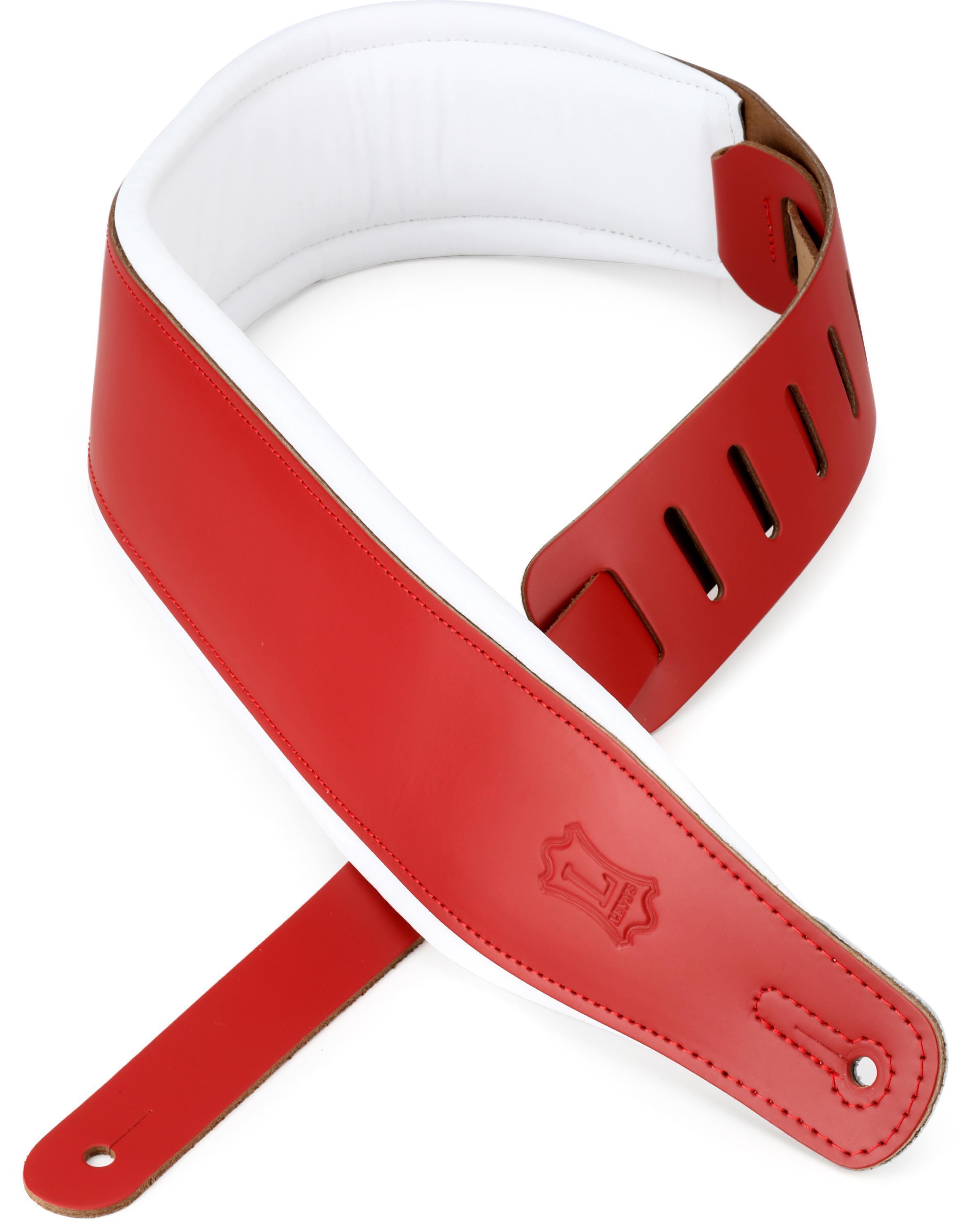 Photo of Levy's Amped Leather Series Guitar Strap - Red with White Backing