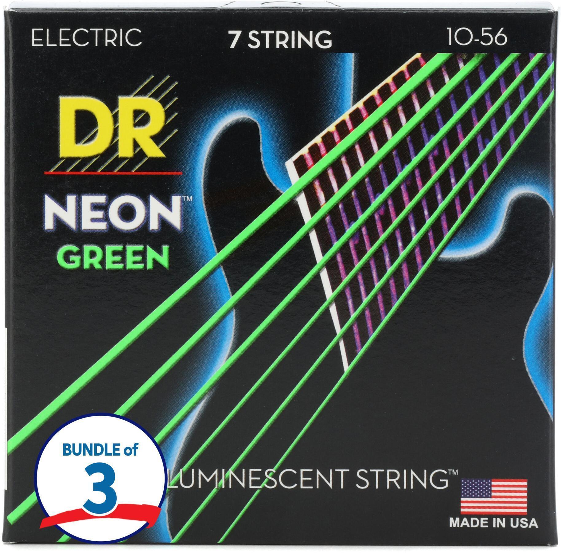 Photo of DR Strings NGE7-10 Hi-Def Neon Green K3 Coated Electric Guitar Strings - .010-.056 Medium 7-string (3-pack)