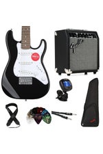 Photo of Squier Mini Strat Electric Guitar and Fender Frontman 10 Amp Essentials Bundle - Black