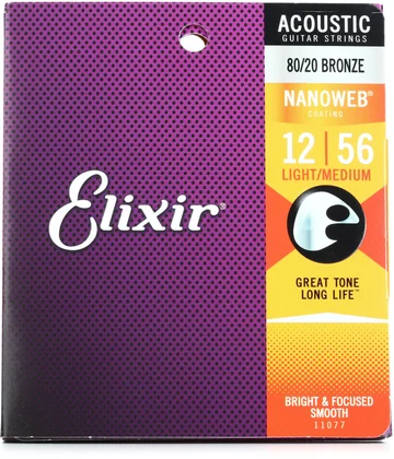 Elixir Strings 11077 Nanoweb 80/20 Acoustic Guitar Strings - .012-.056 Medium Light