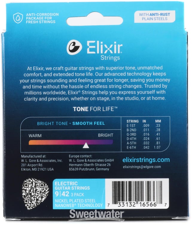 Elixir Strings 16540 Nanoweb Electric Guitar Strings - .009-.042 Super Light, 3-pack
